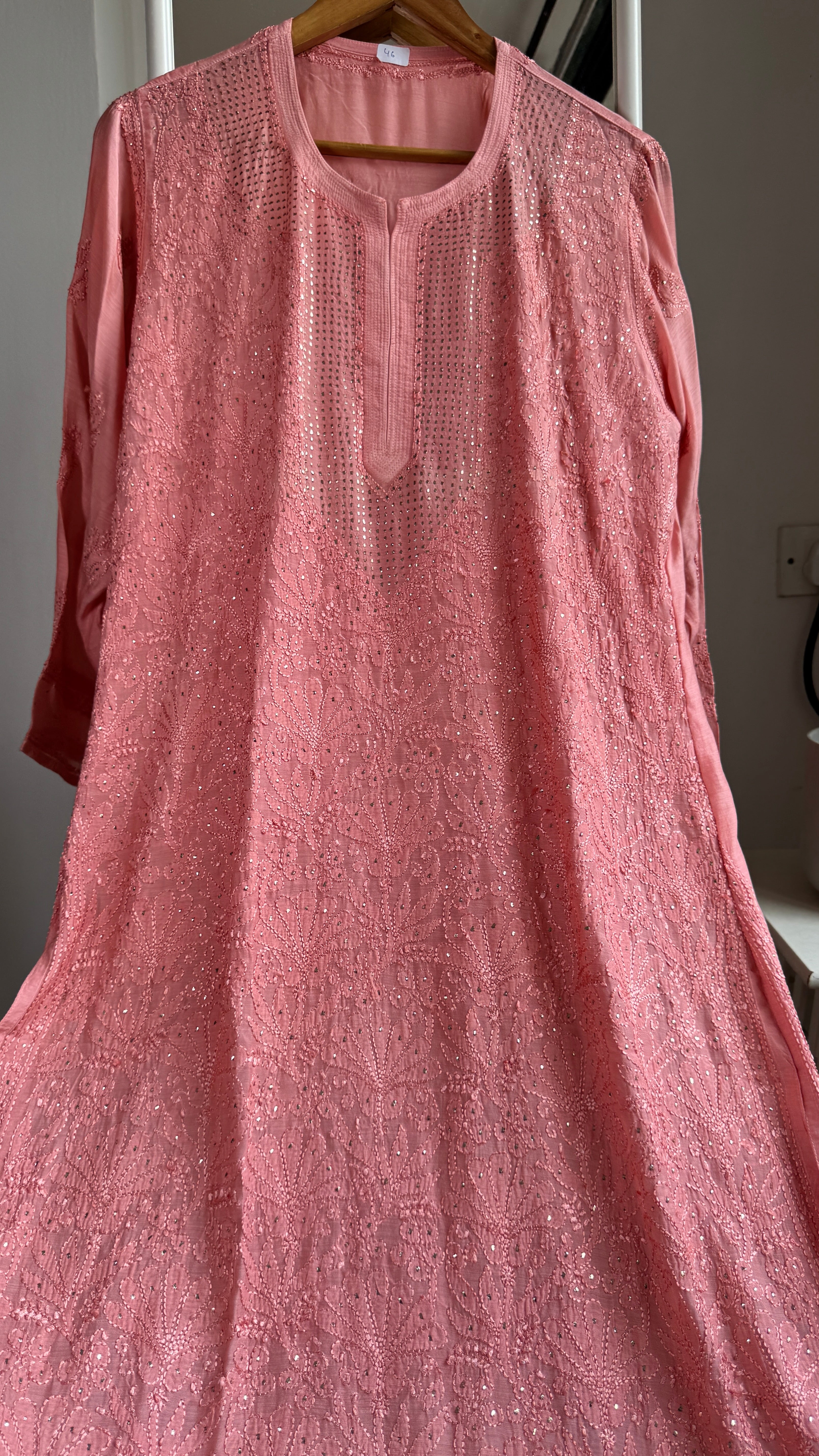 Muslin Chikankari Full Jaal Kurti with Mukaish work - Rosewood - Aayat Collection