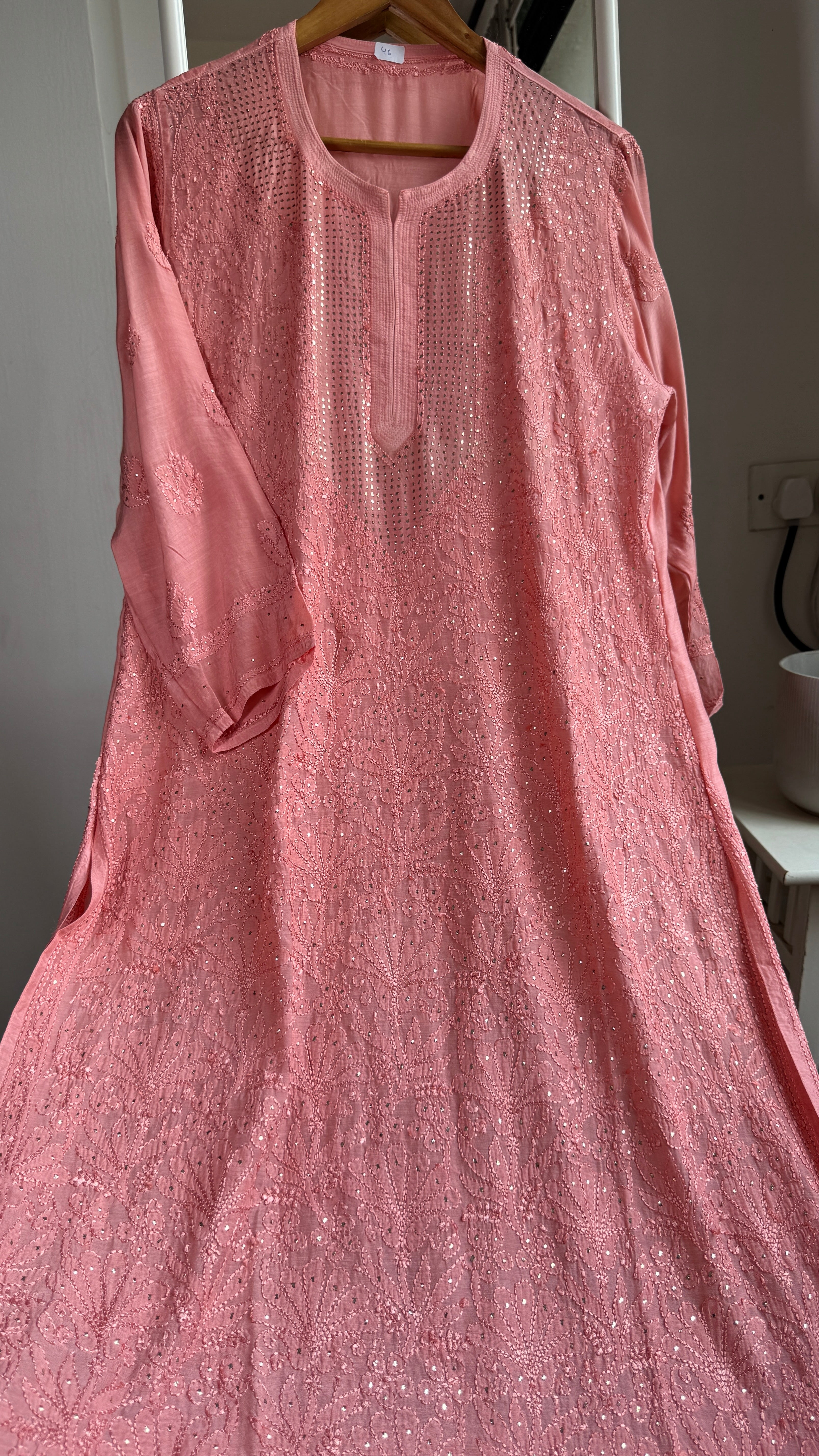 Muslin Chikankari Full Jaal Kurti with Mukaish work - Rosewood - Aayat Collection