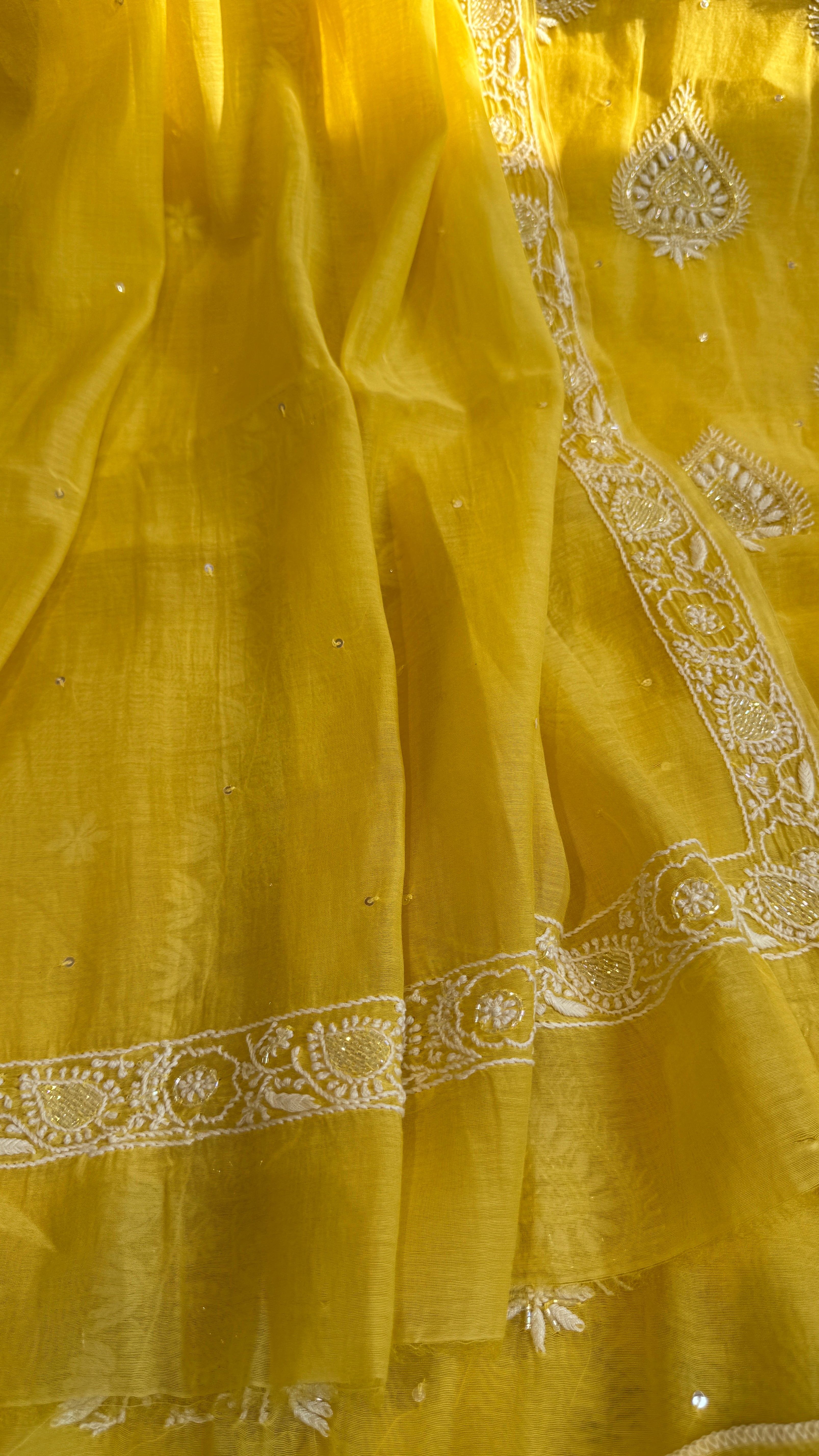 Mul Chanderi Chikankari - Heavy Unstitched Set - Yellow