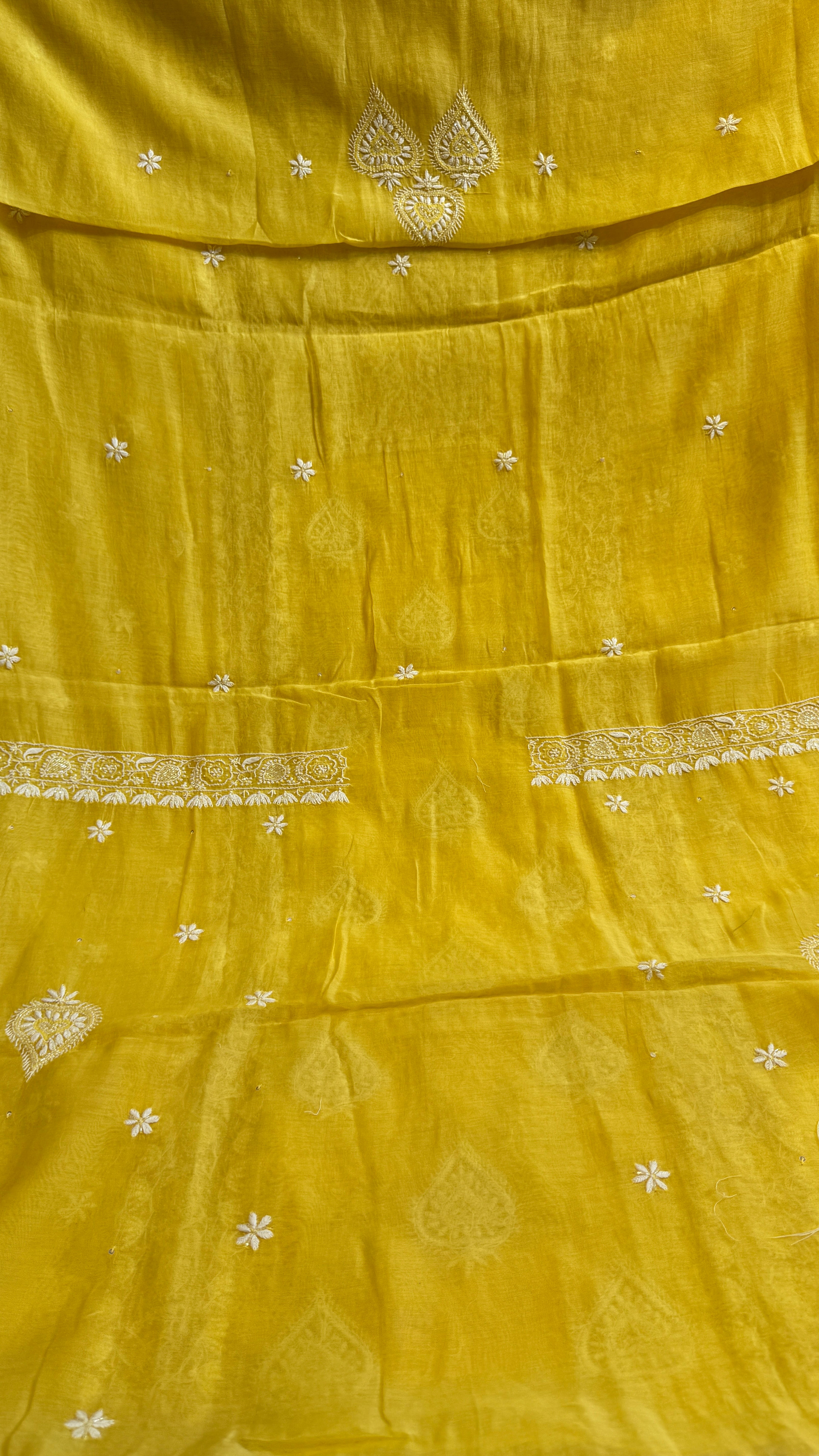 Mul Chanderi Chikankari - Heavy Unstitched Set - Yellow