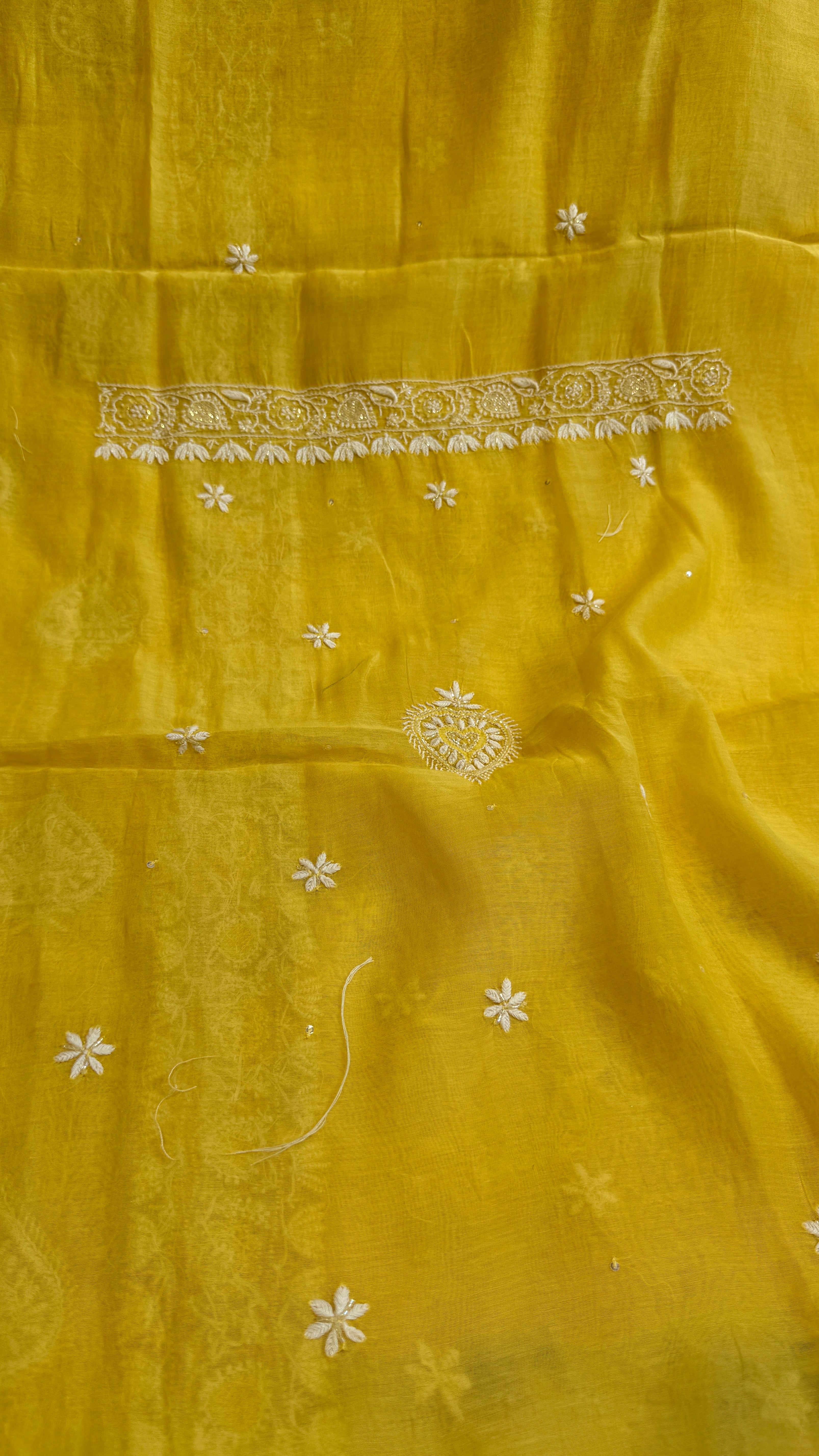 Mul Chanderi Chikankari - Heavy Unstitched Set - Yellow