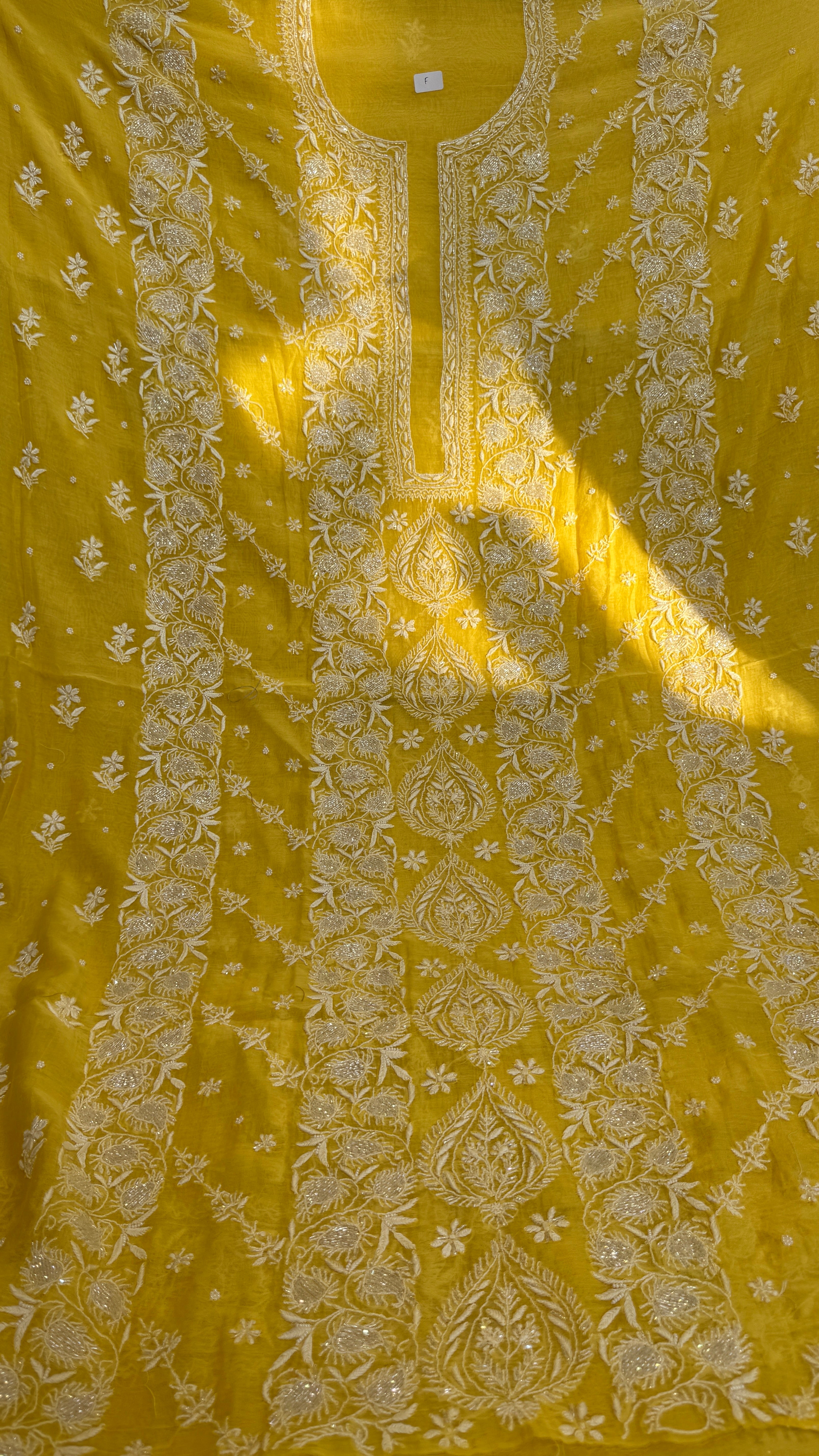 Mul Chanderi Chikankari - Heavy Unstitched Set - Yellow
