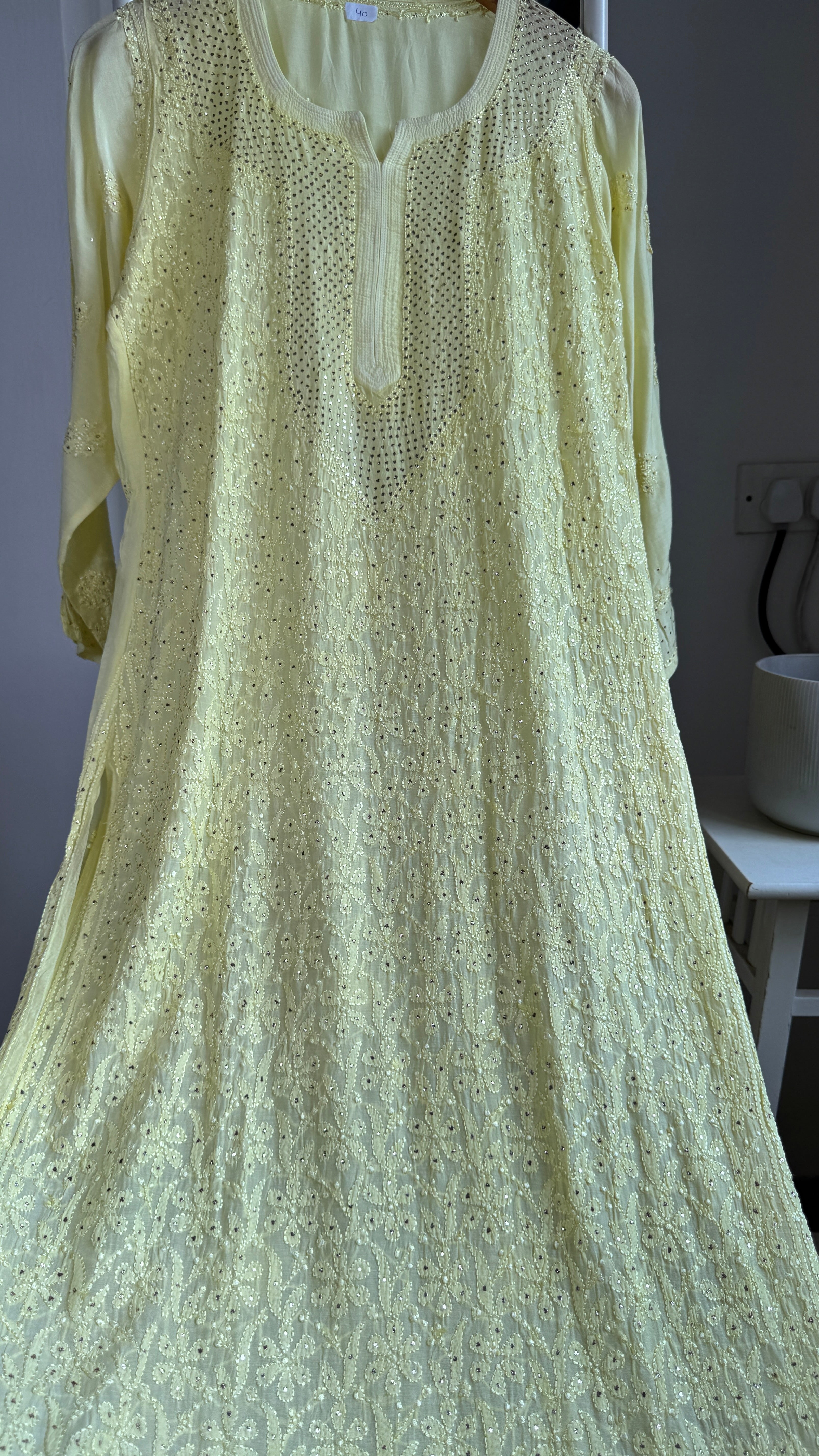 Muslin Chikankari Full Jaal Kurti with Mukaish work - Lemon Yellow - Aayat Collection