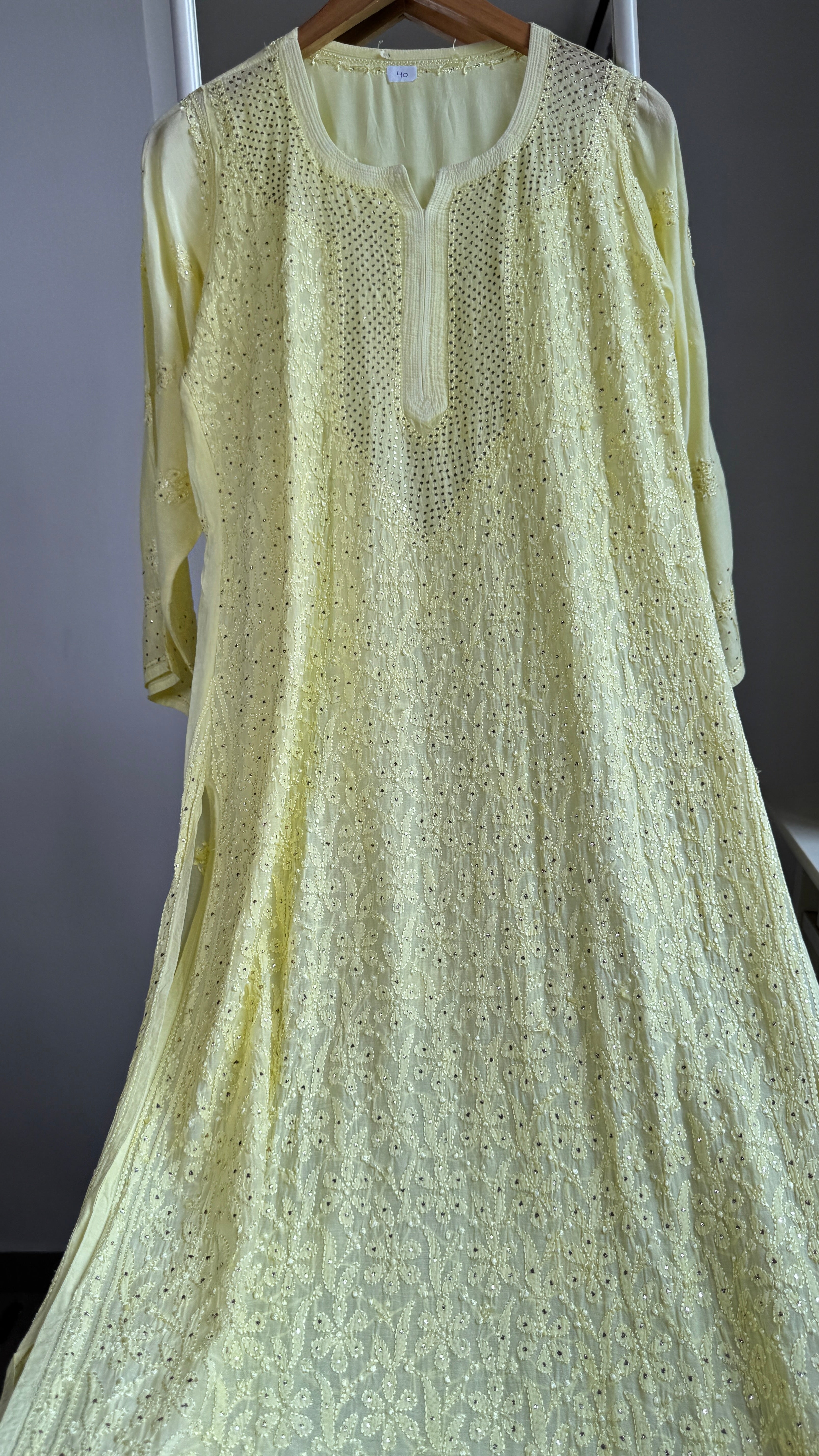 Muslin Chikankari Full Jaal Kurti with Mukaish work - Lemon Yellow - Aayat Collection