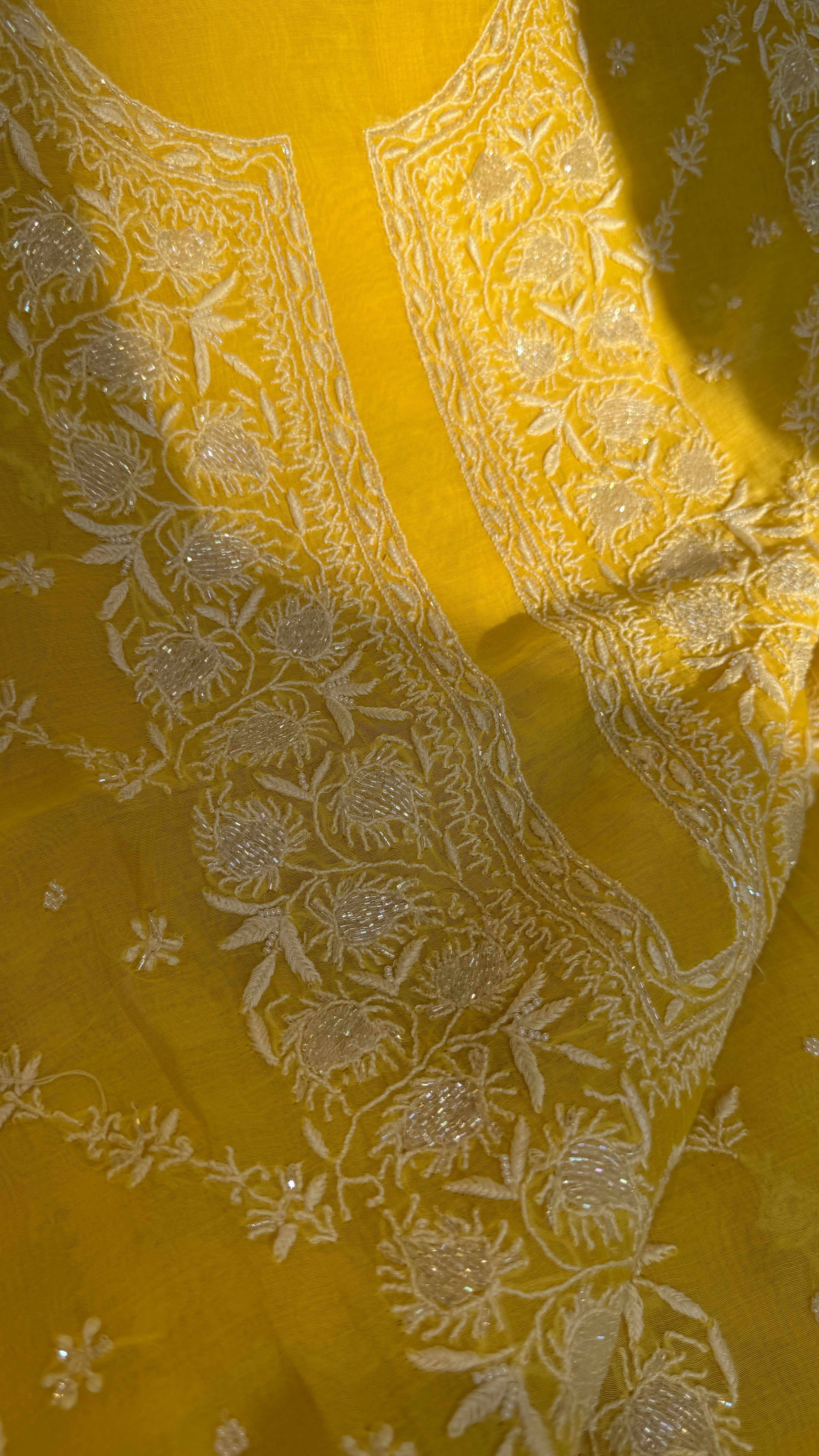 Mul Chanderi Chikankari - Heavy Unstitched Set - Yellow