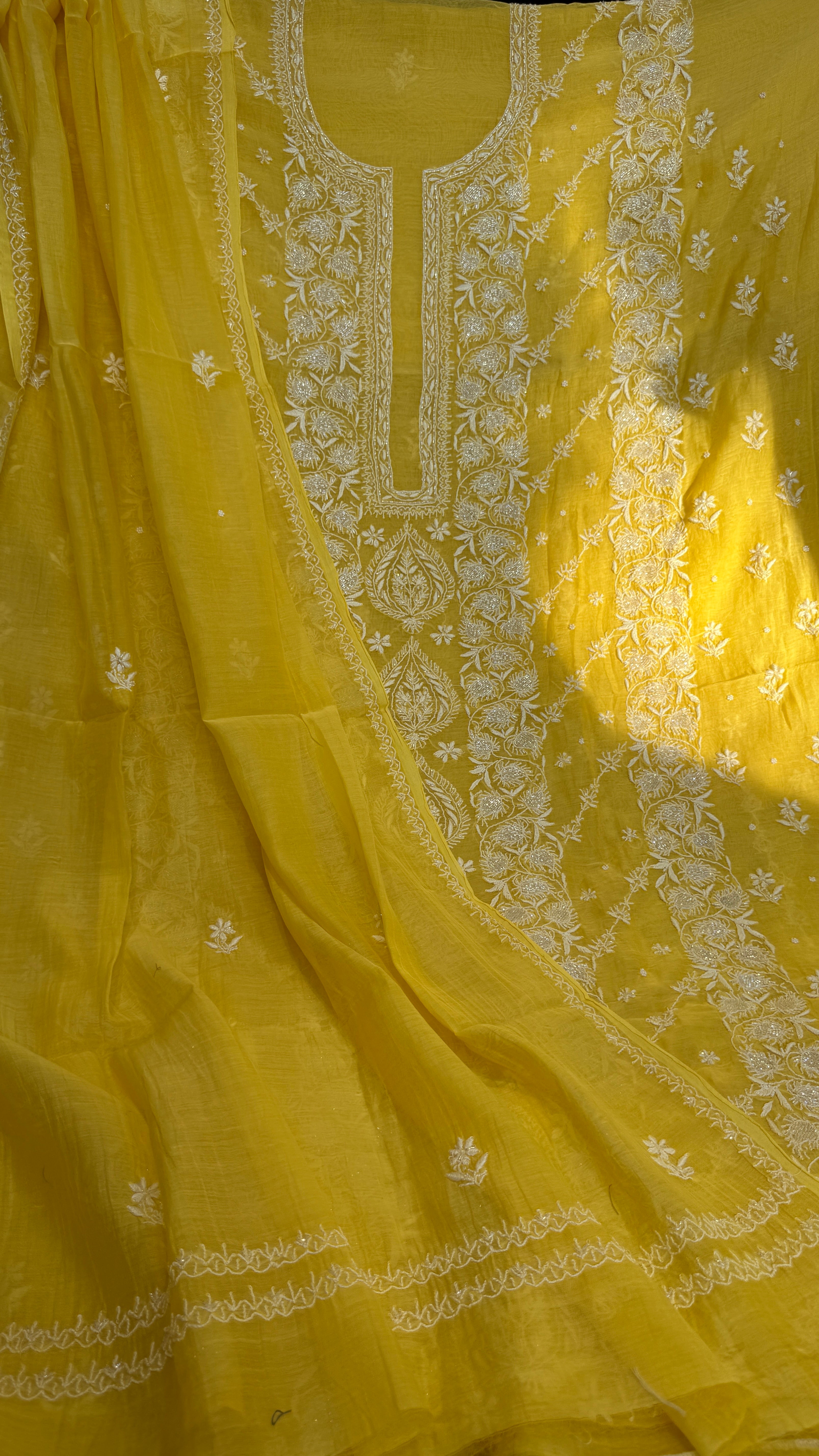 Mul Chanderi Chikankari - Heavy Unstitched Set - Yellow