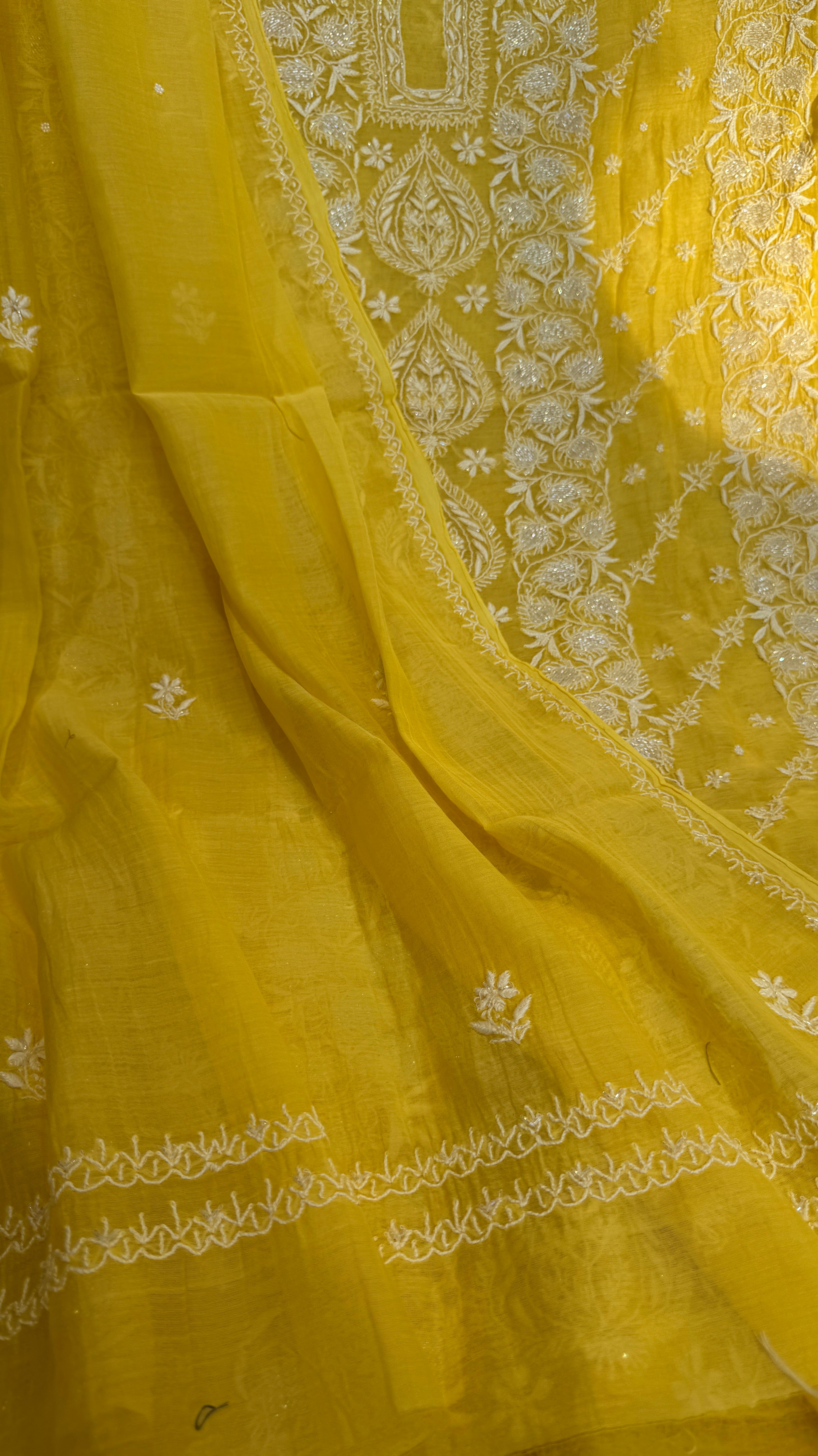 Mul Chanderi Chikankari - Heavy Unstitched Set - Yellow
