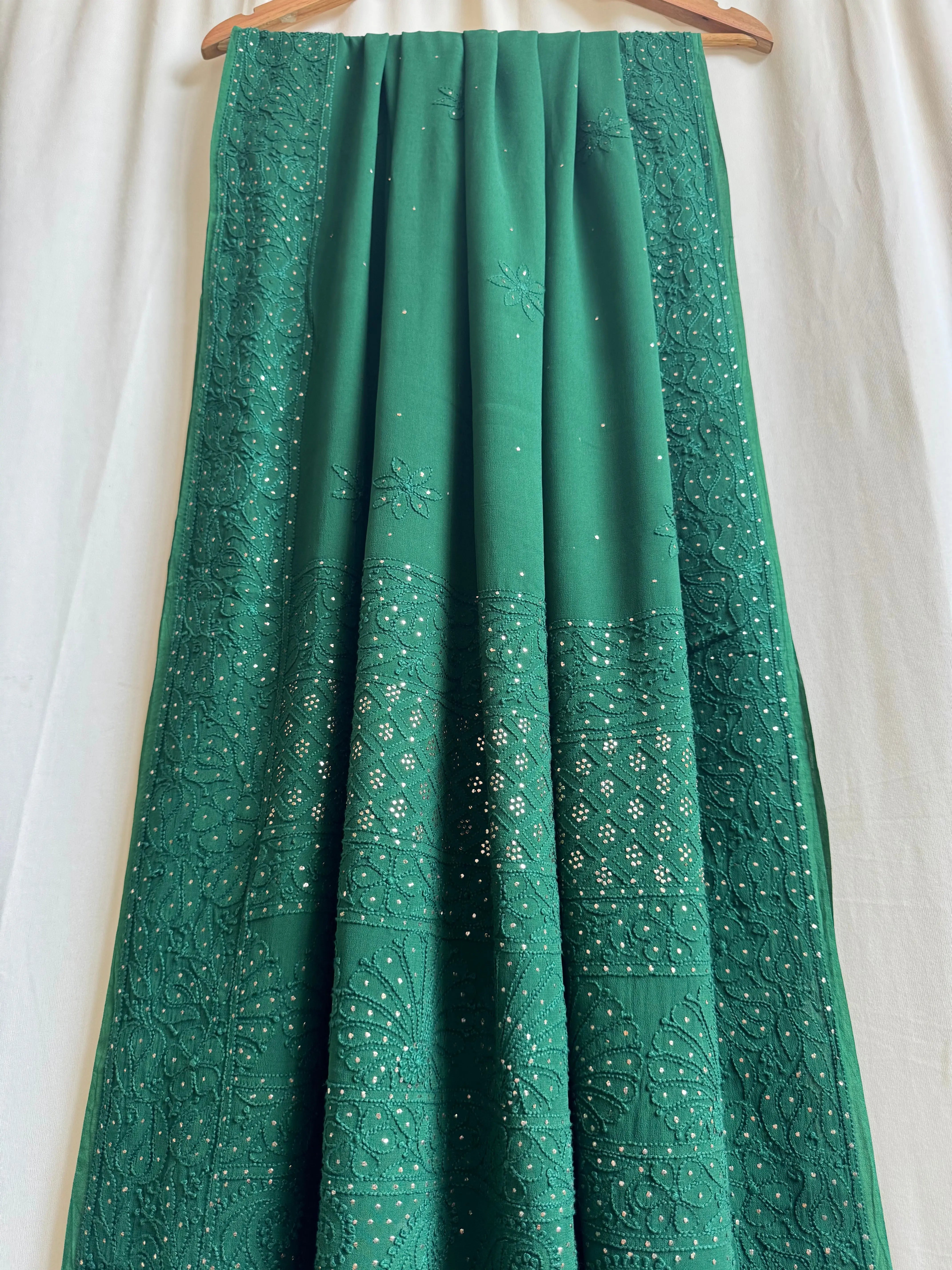 Viscose Green Chikankari saree with Mukaish Work - ARIAA CHIKANKARI