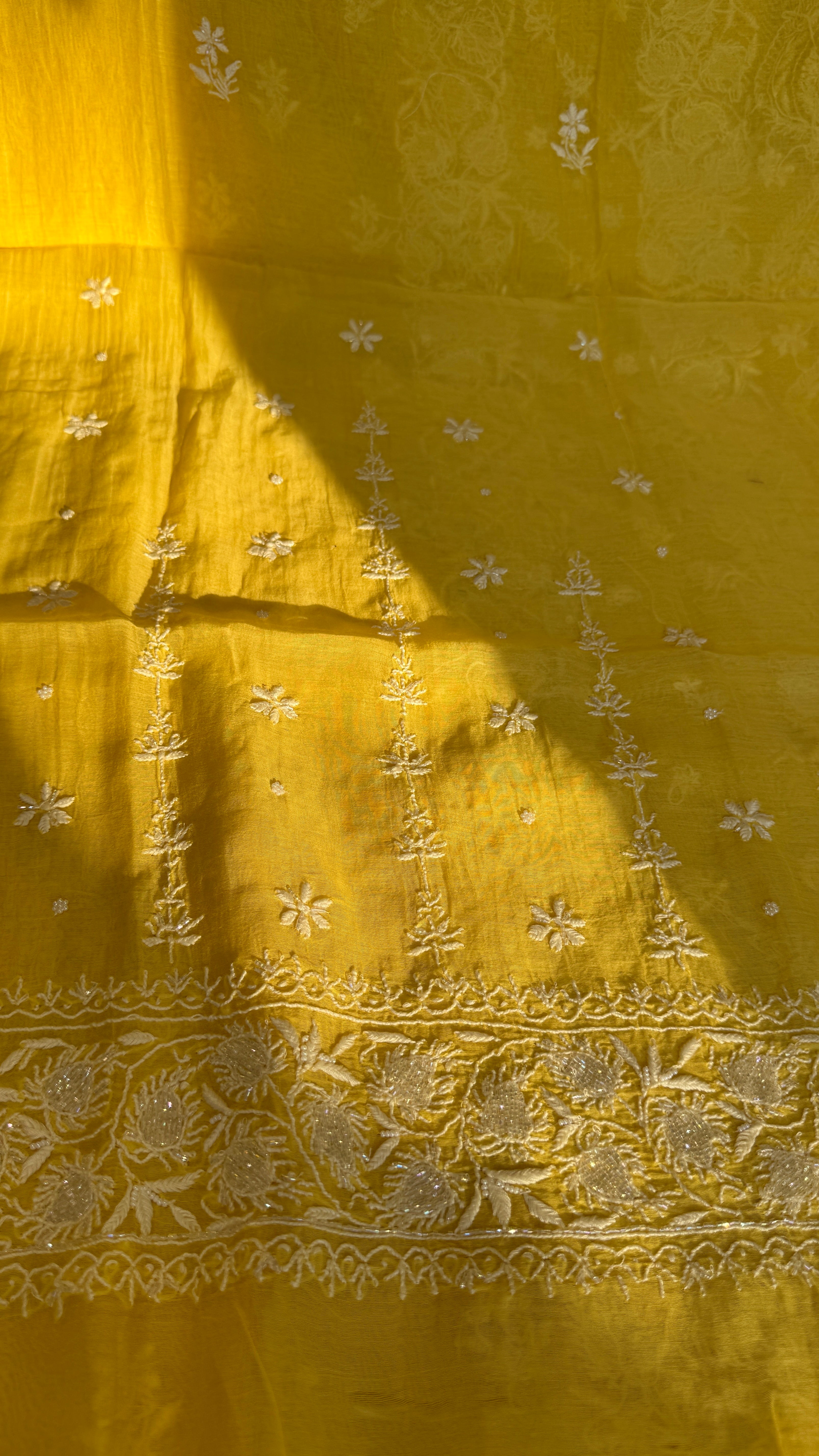 Mul Chanderi Chikankari - Heavy Unstitched Set - Yellow