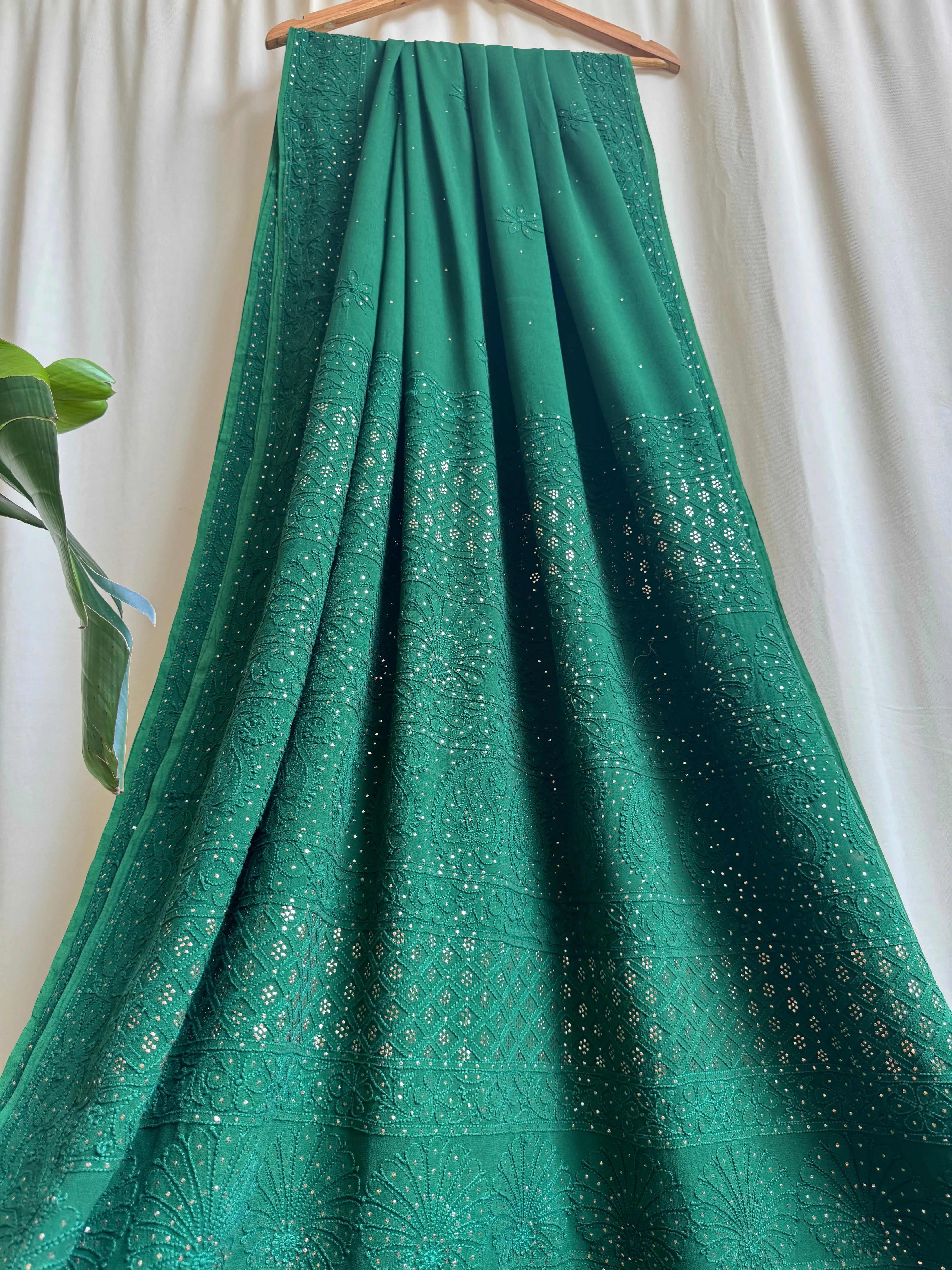 Viscose Green Chikankari saree with Mukaish Work - ARIAA CHIKANKARI