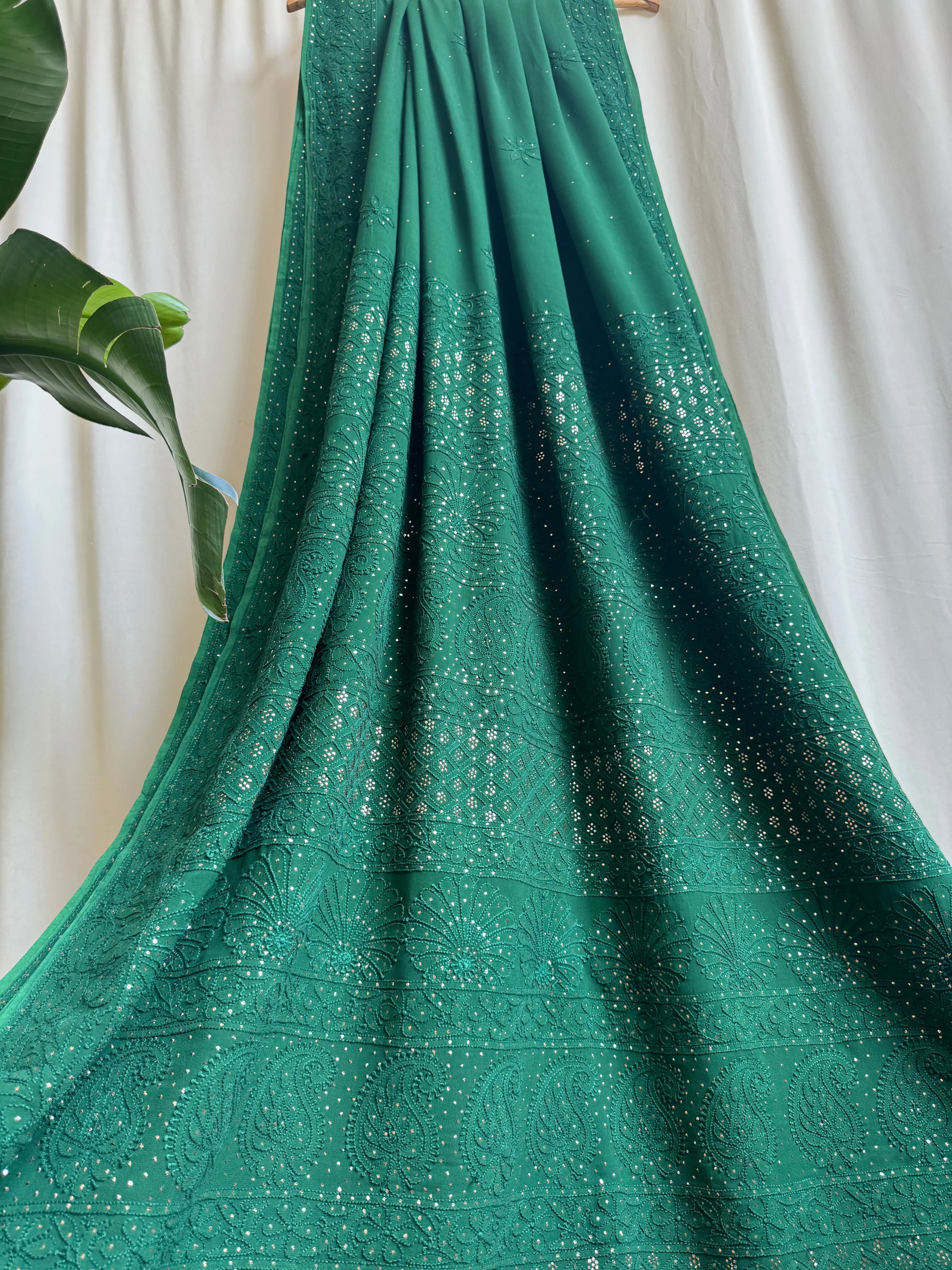 Viscose Green Chikankari saree with Mukaish Work - ARIAA CHIKANKARI