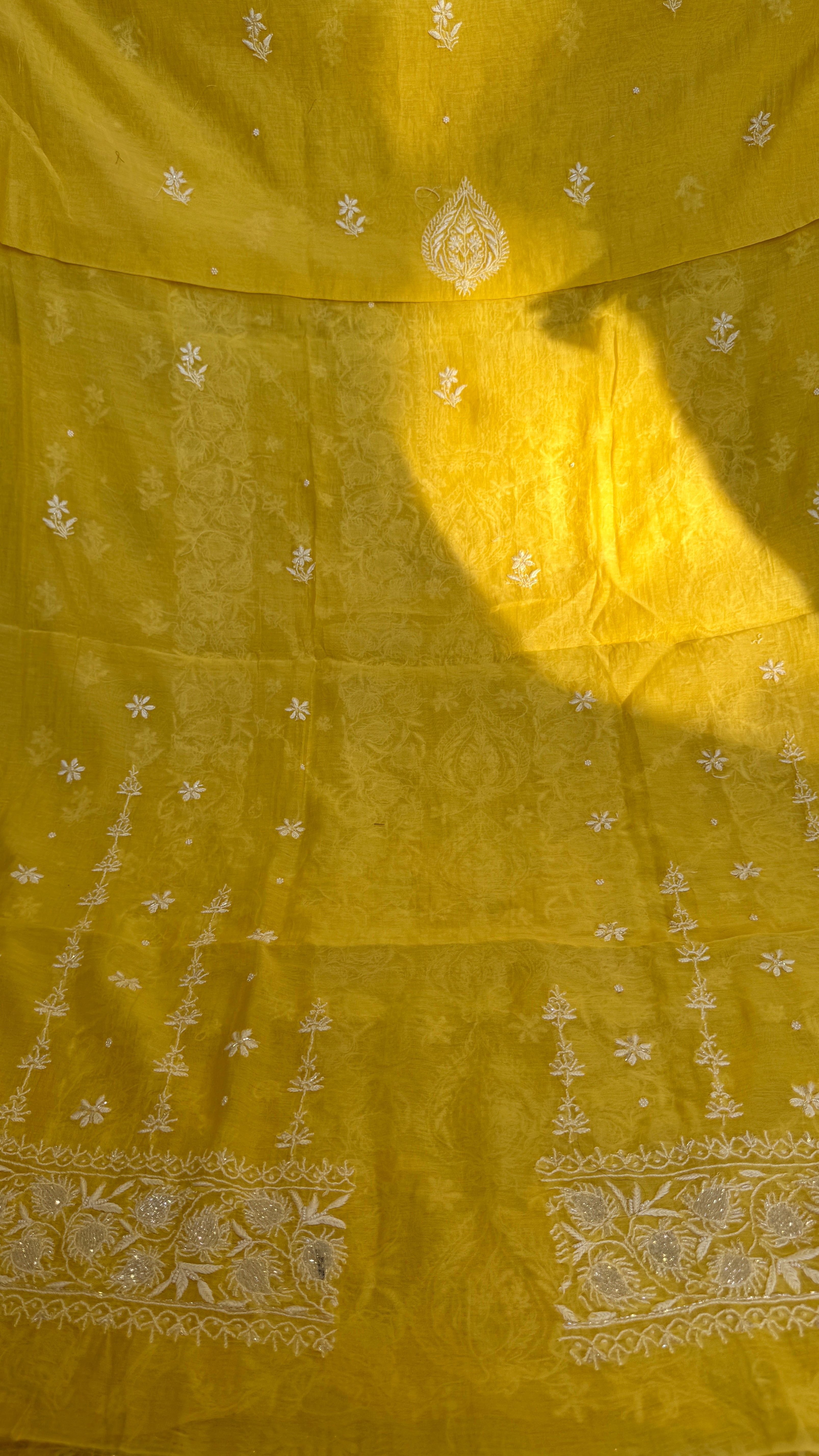 Mul Chanderi Chikankari - Heavy Unstitched Set - Yellow