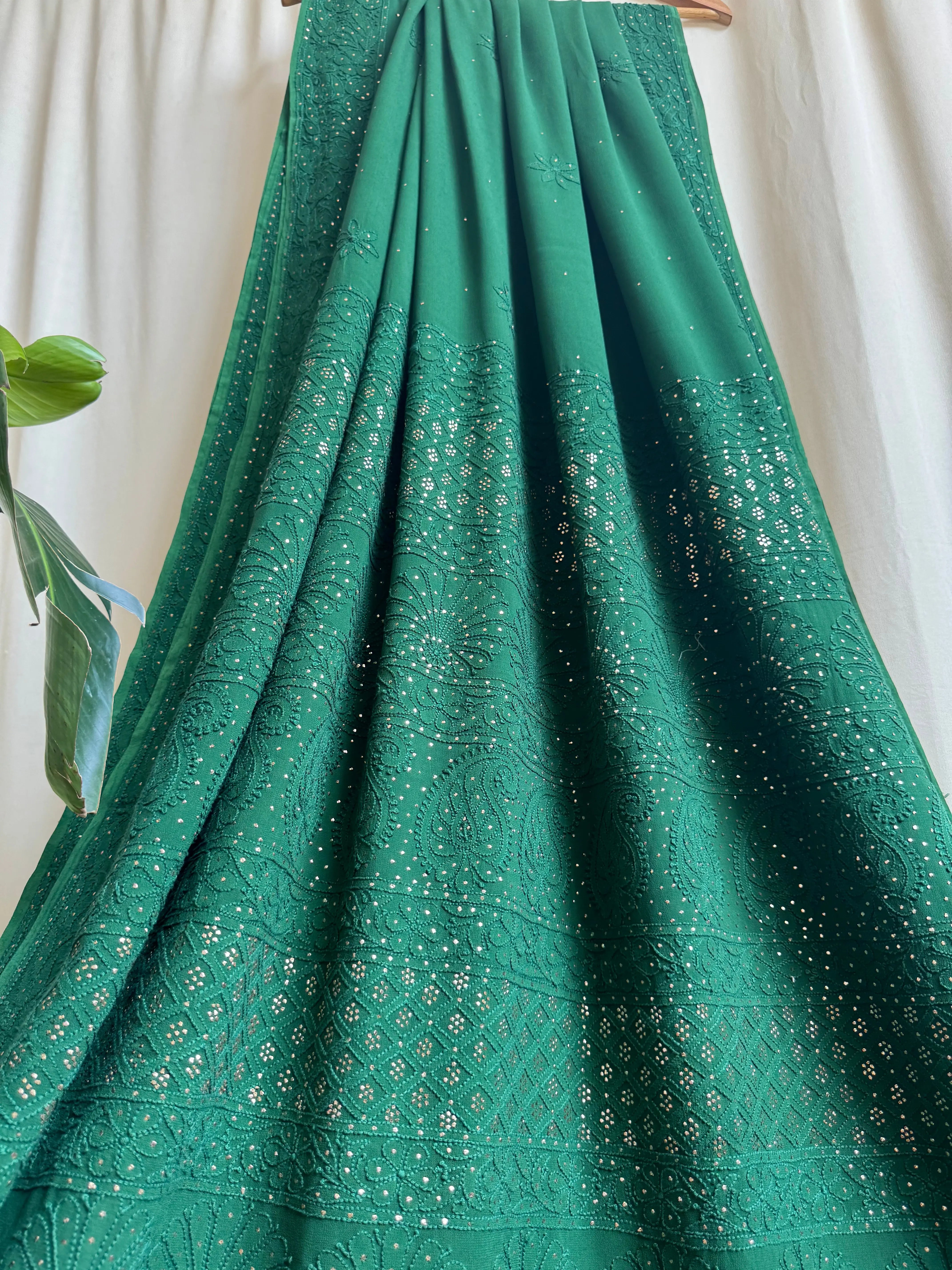 Viscose Green Chikankari saree with Mukaish Work - ARIAA CHIKANKARI