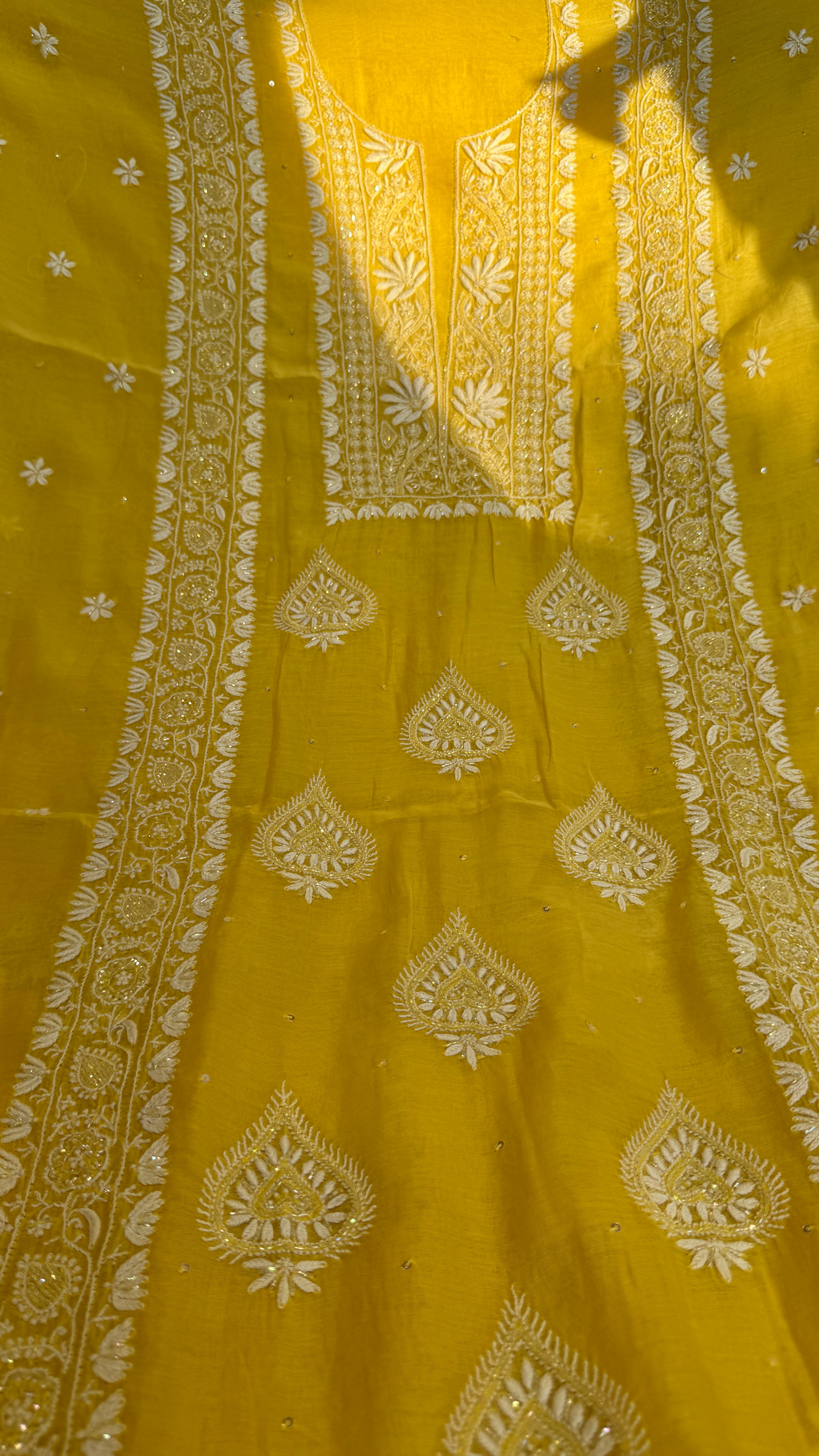 Mul Chanderi Chikankari - Heavy Unstitched Set - Yellow