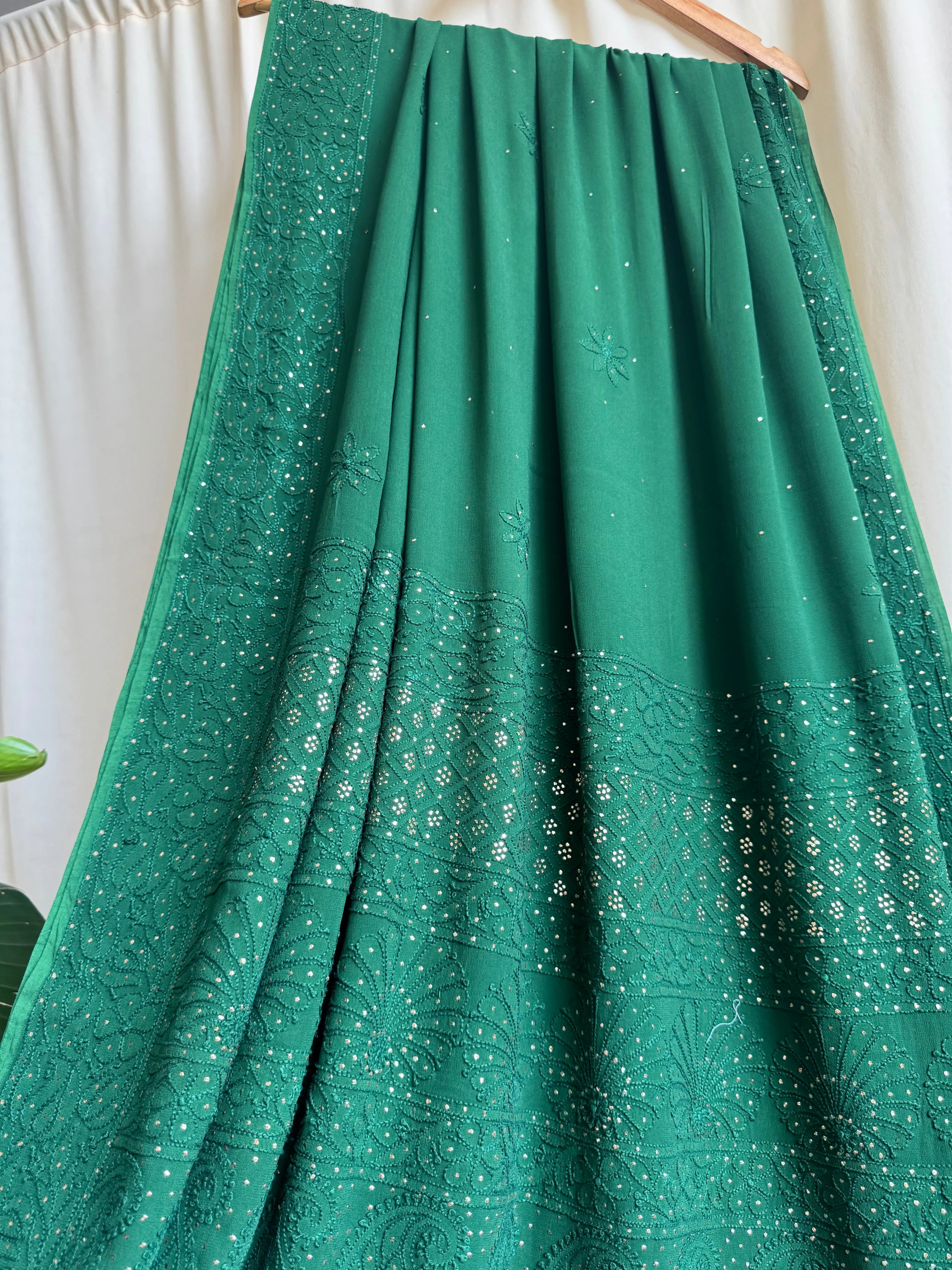 Viscose Green Chikankari saree with Mukaish Work - ARIAA CHIKANKARI