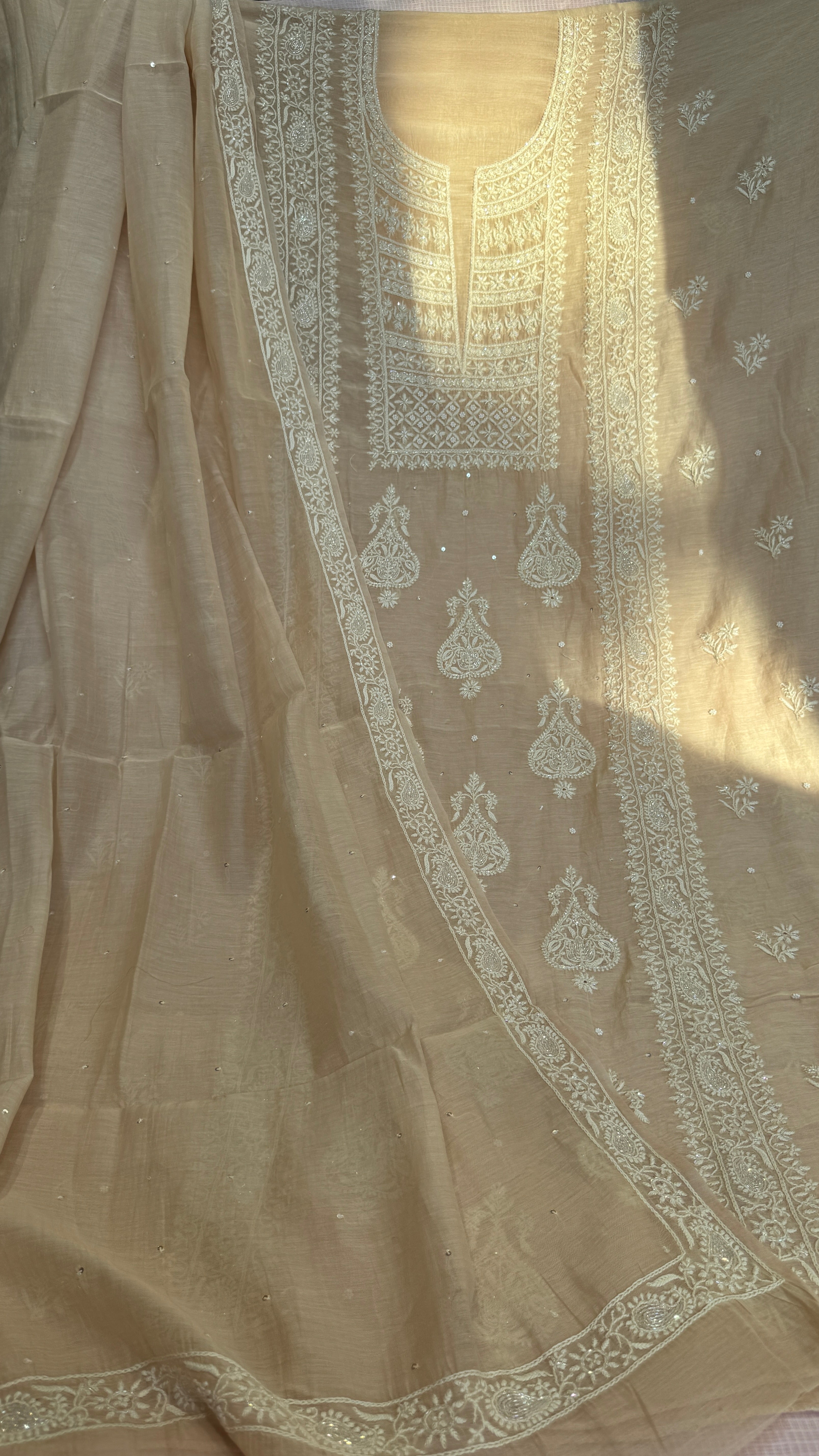 Mul Chanderi Chikankari - Heavy Unstitched Set - Pale Pink