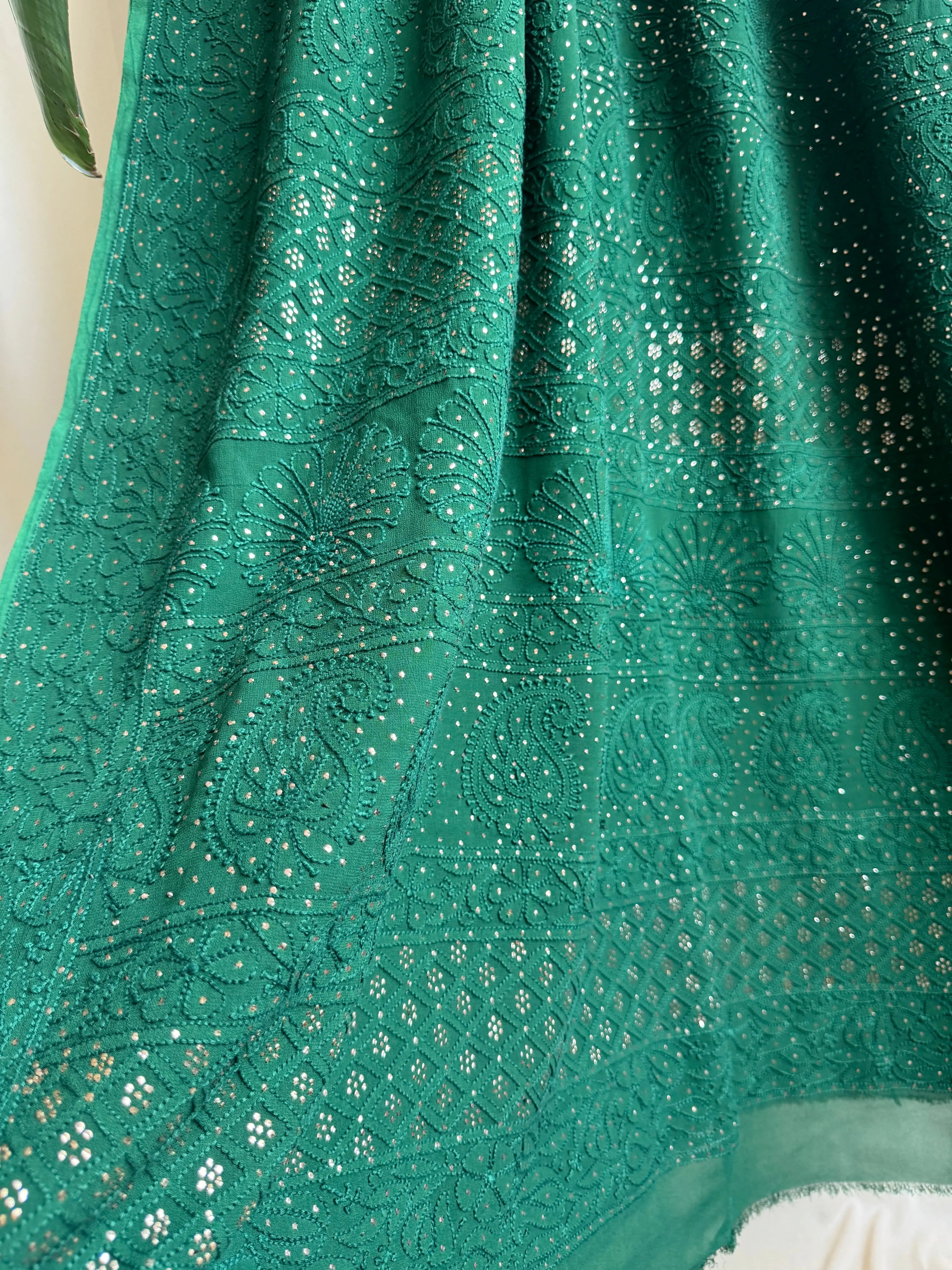 Viscose Green Chikankari saree with Mukaish Work - ARIAA CHIKANKARI