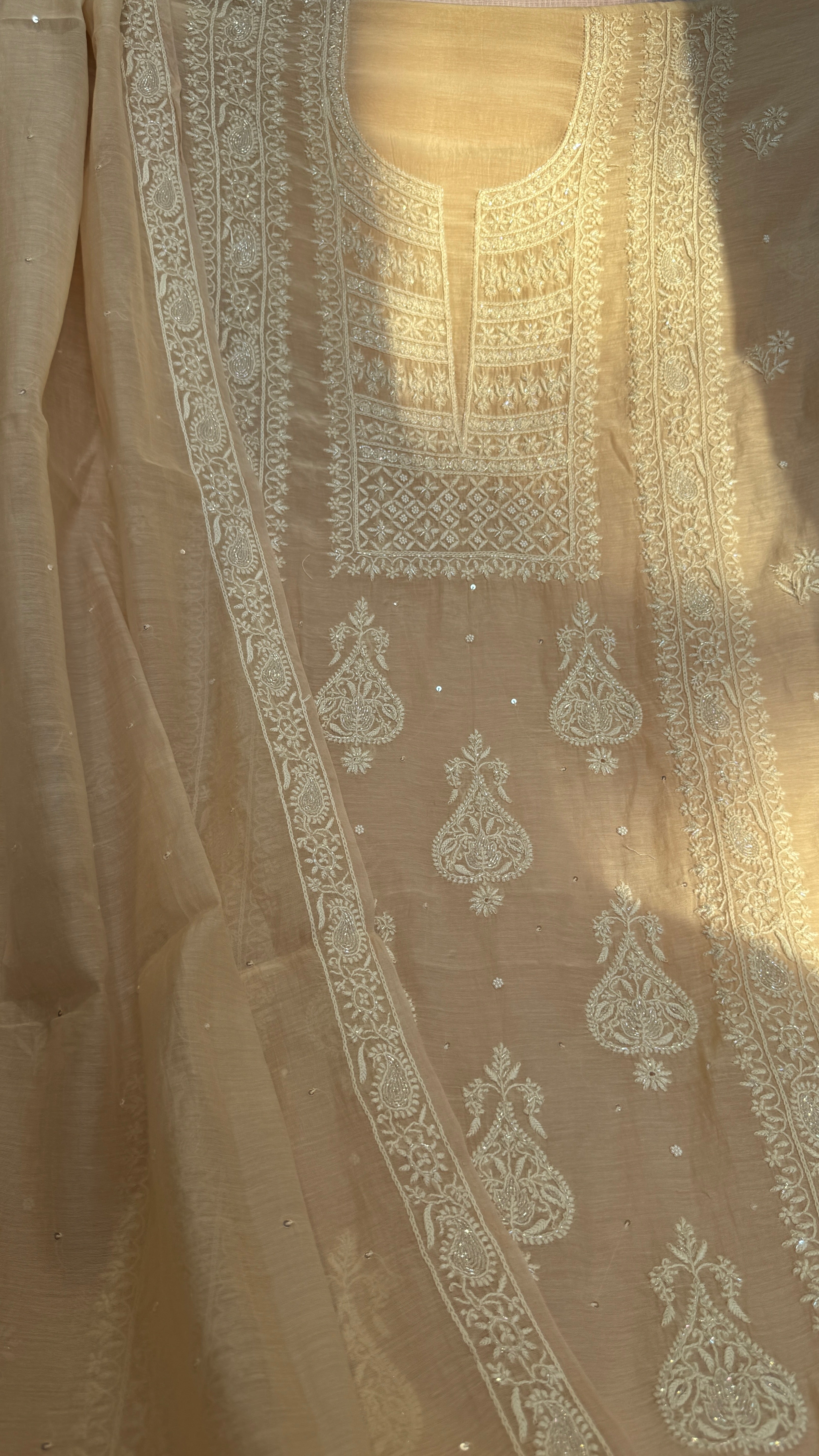 Mul Chanderi Chikankari - Heavy Unstitched Set - Pale Pink