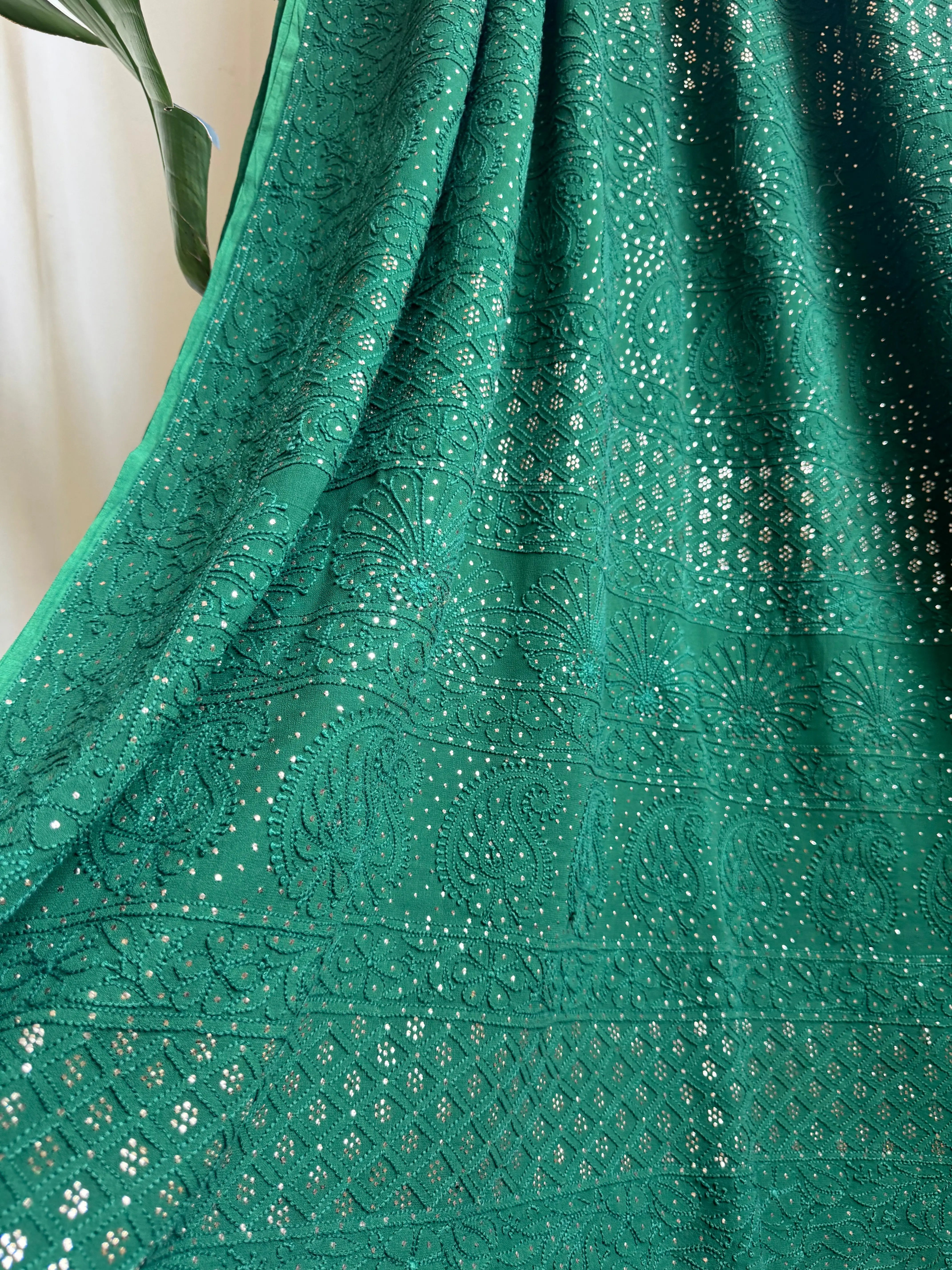 Viscose Green Chikankari saree with Mukaish Work - ARIAA CHIKANKARI