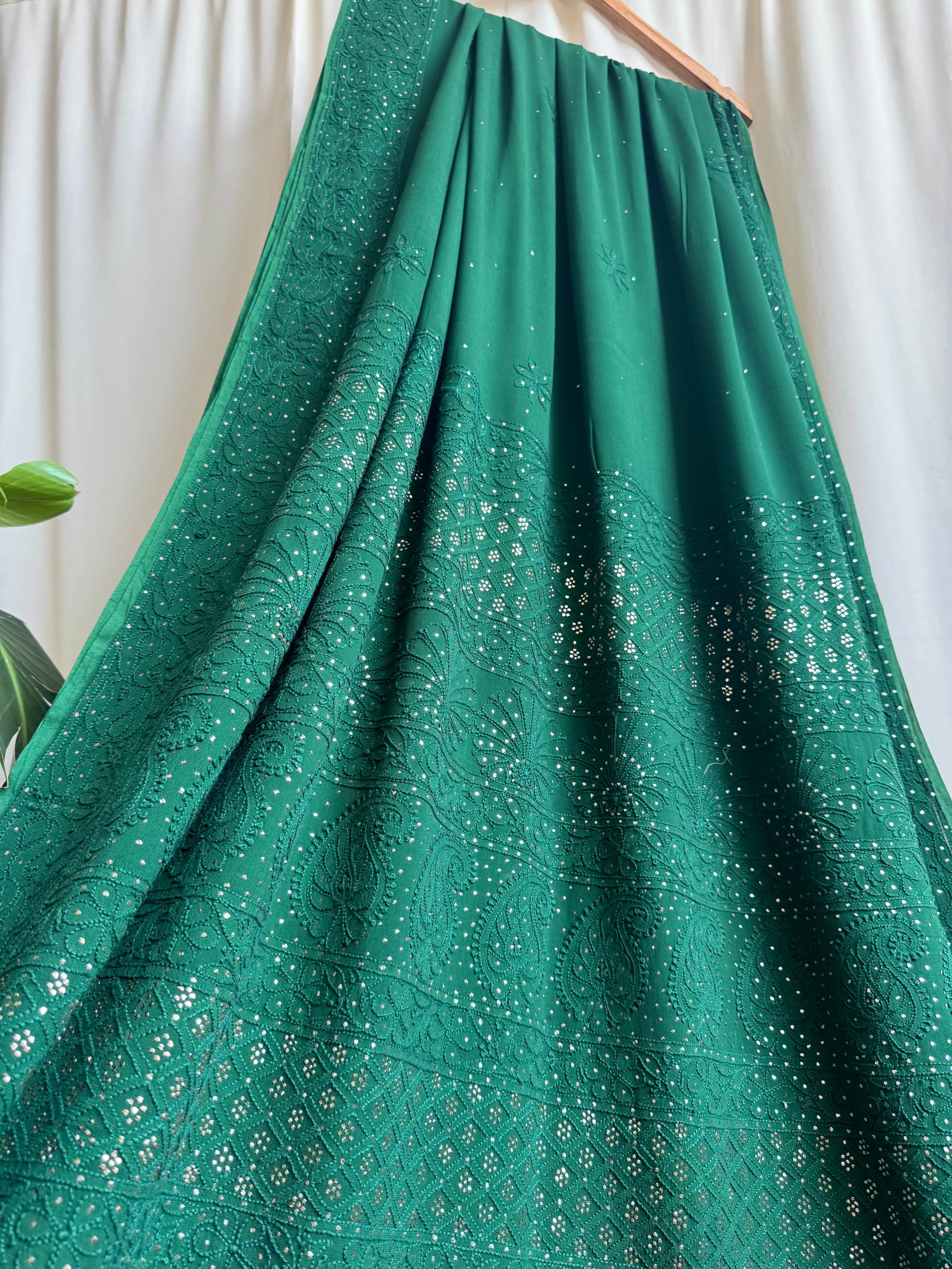 Viscose Green Chikankari saree with Mukaish Work - ARIAA CHIKANKARI