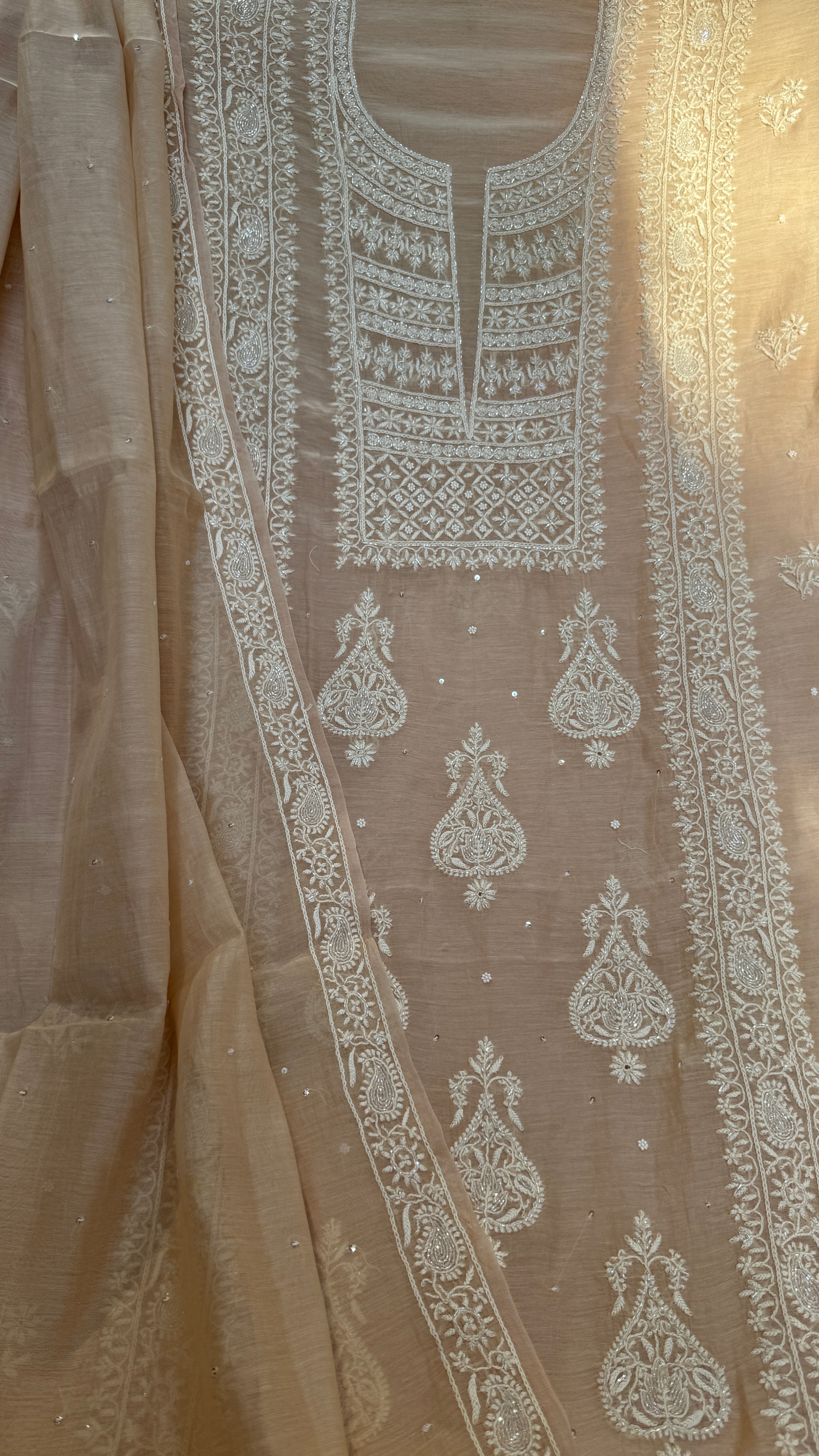 Mul Chanderi Chikankari - Heavy Unstitched Set - Pale Pink