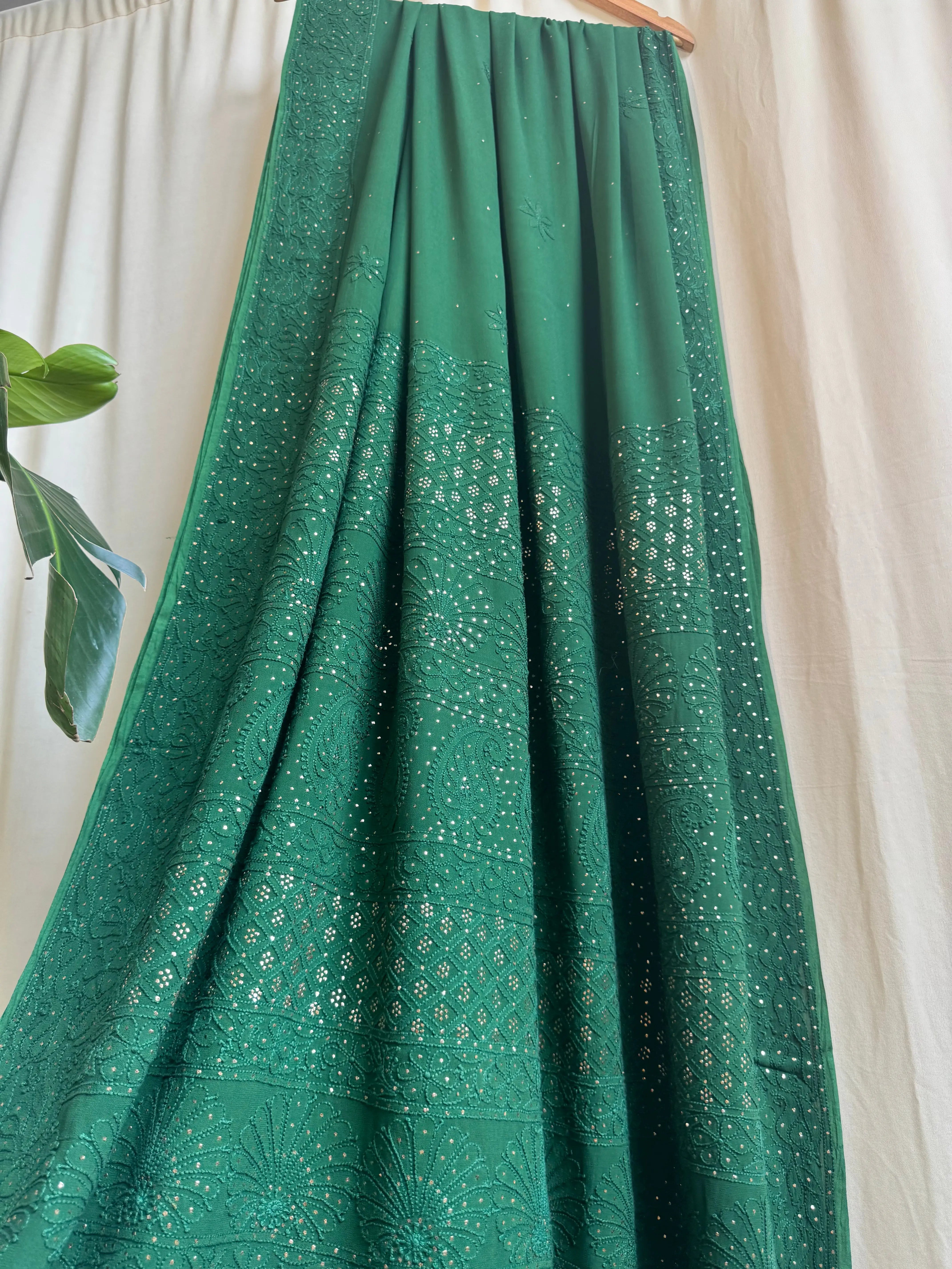 Viscose Green Chikankari saree with Mukaish Work - ARIAA CHIKANKARI