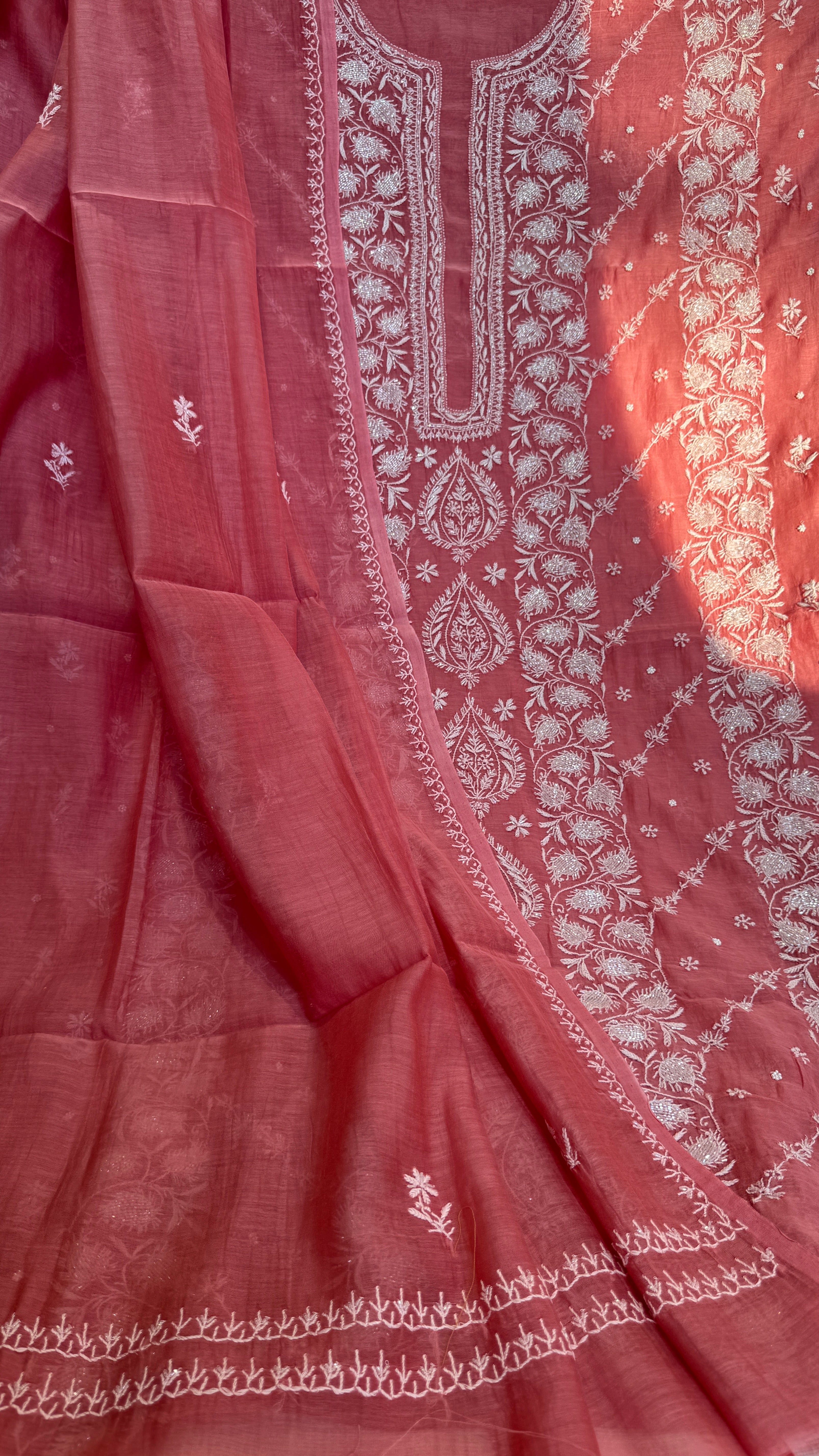 Mul Chanderi Chikankari  - Rosewood