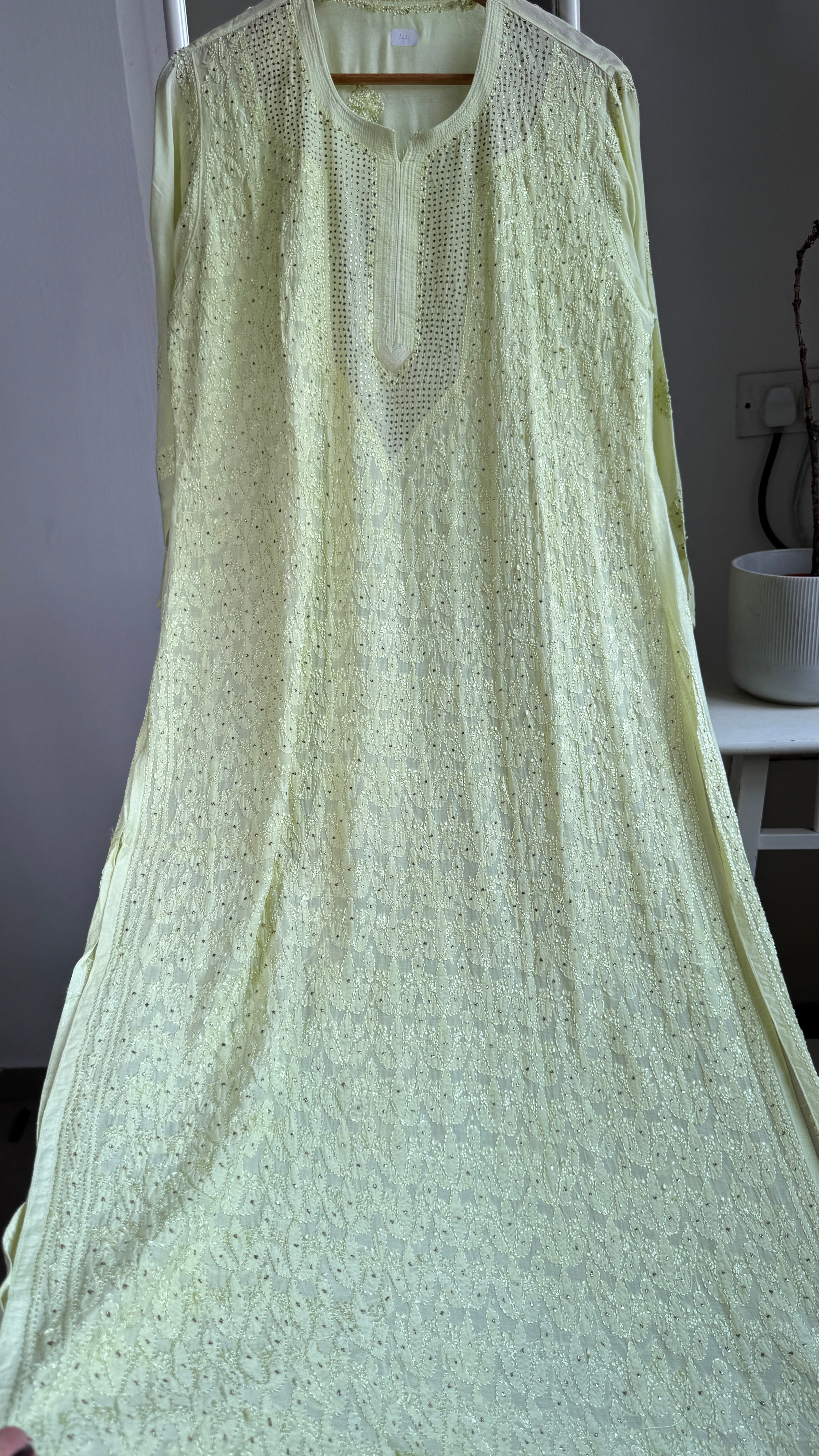 Muslin Chikankari Full Jaal Kurti with Mukaish work - Apple Green -Aayat Collection