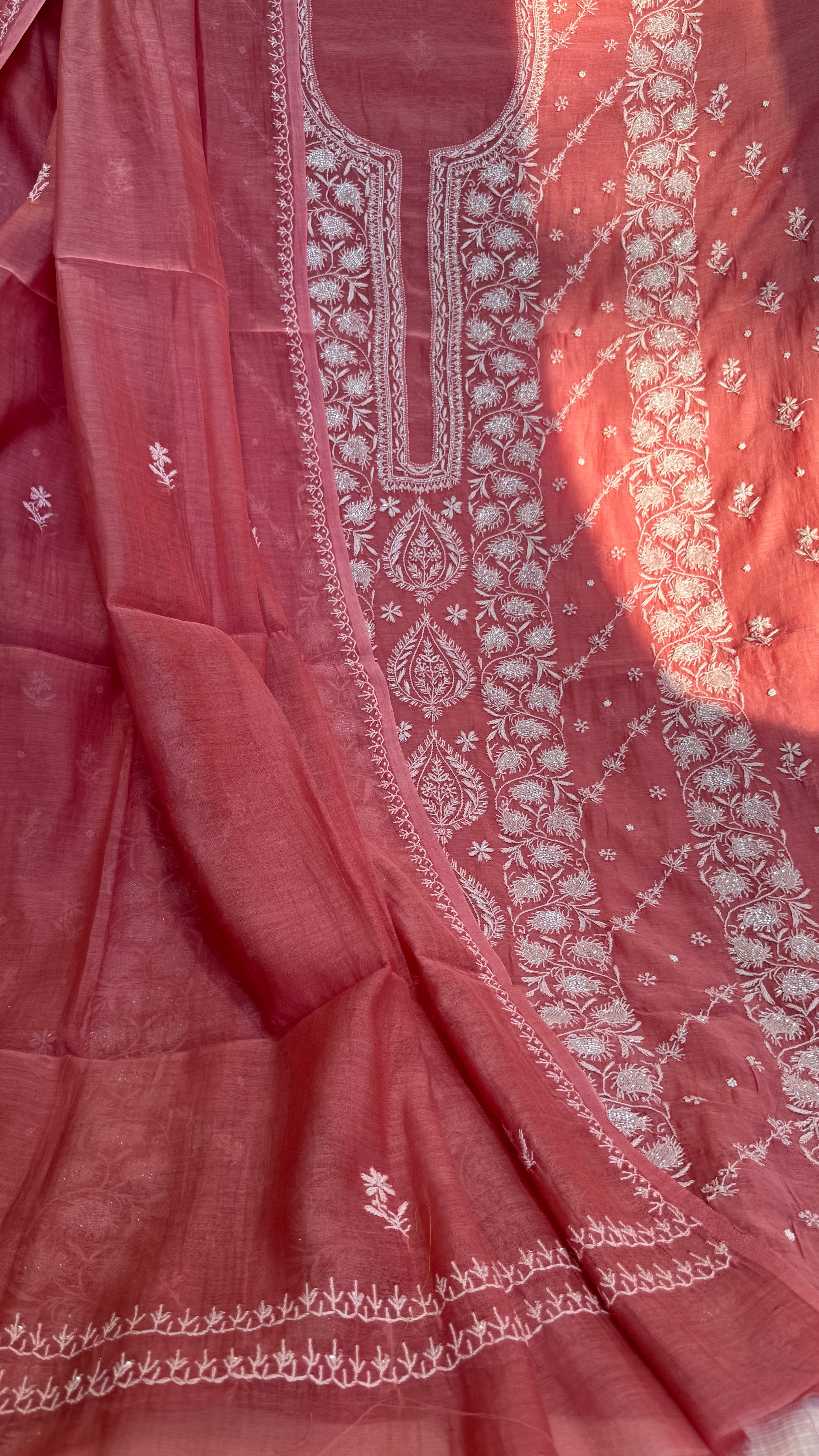 Mul Chanderi Chikankari  - Rosewood