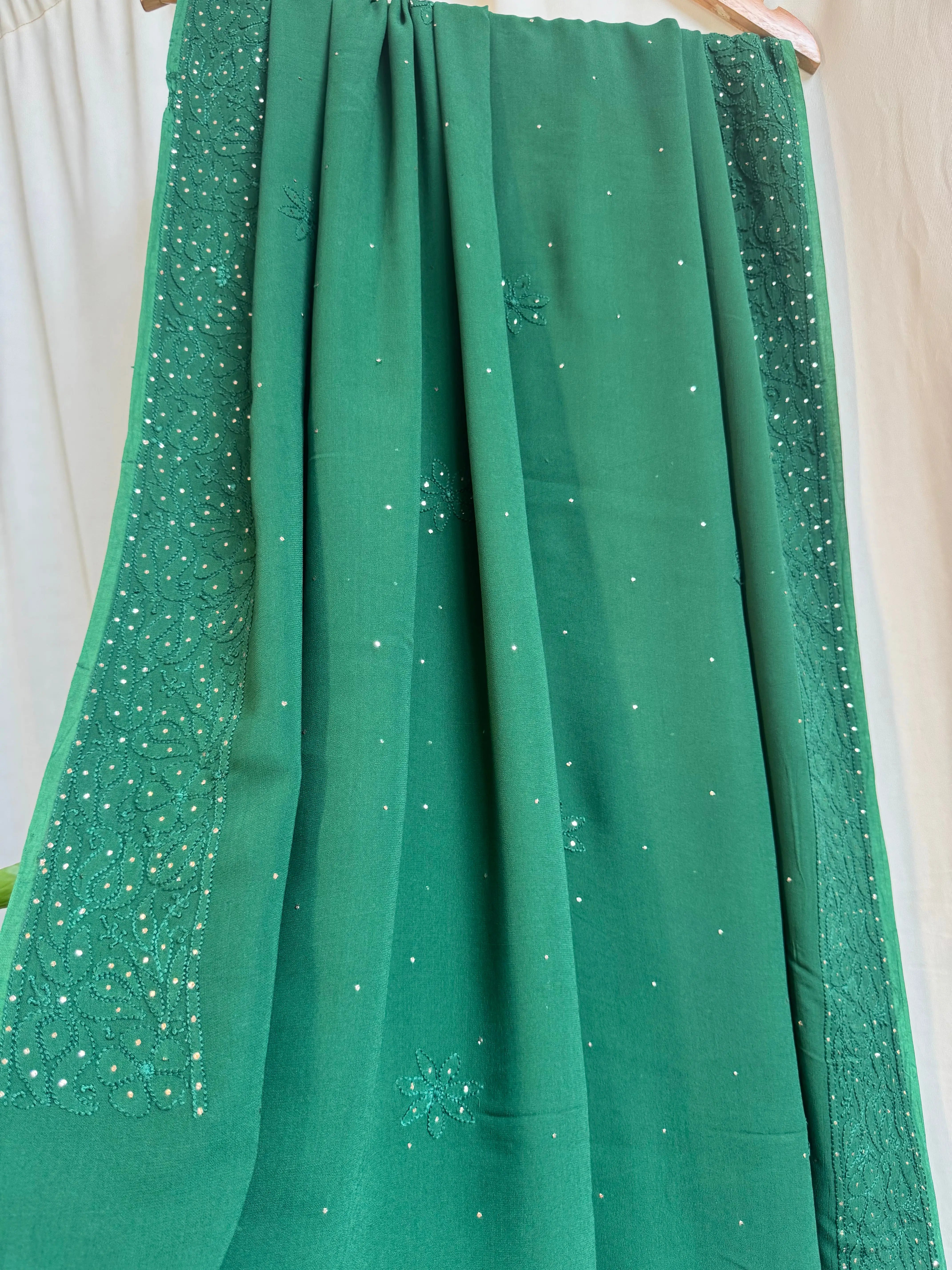 Viscose Green Chikankari saree with Mukaish Work - ARIAA CHIKANKARI