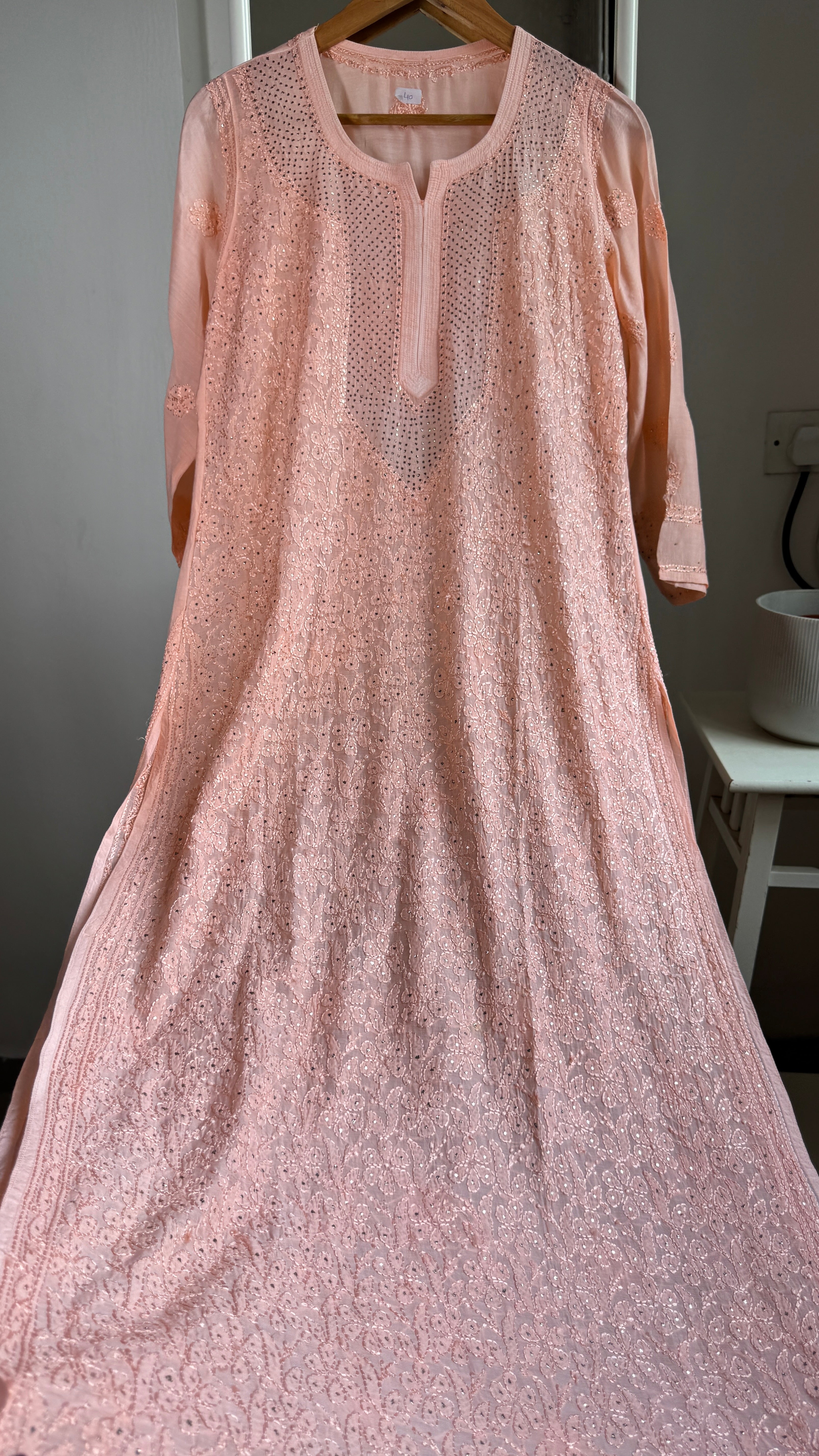 Muslin Chikankari Full Jaal Kurti with Mukaish work - Peach - Aayat Collection