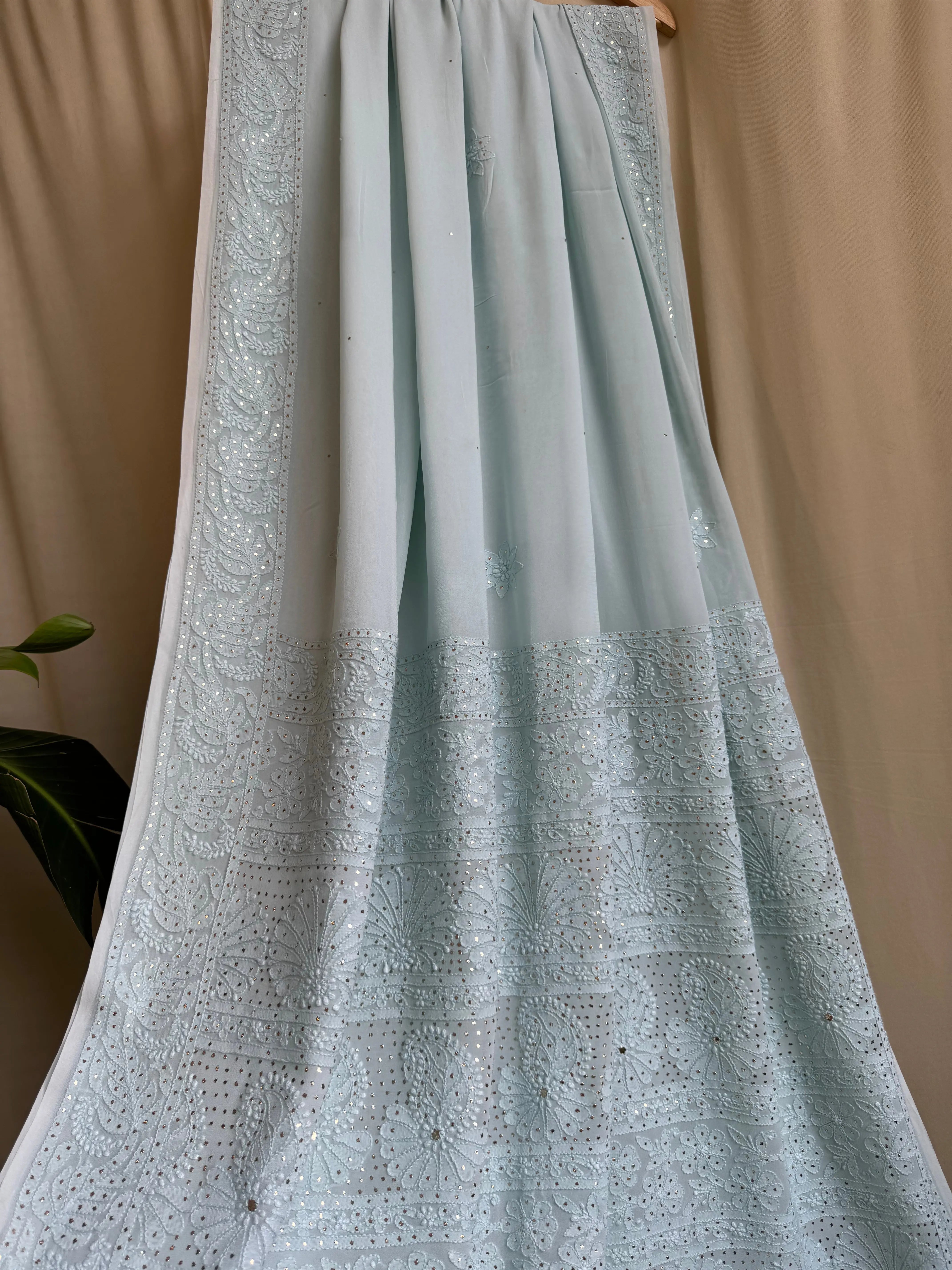 Viscose Sea Blue Chikankari saree with Mukaish Work - ARIAA CHIKANKARI