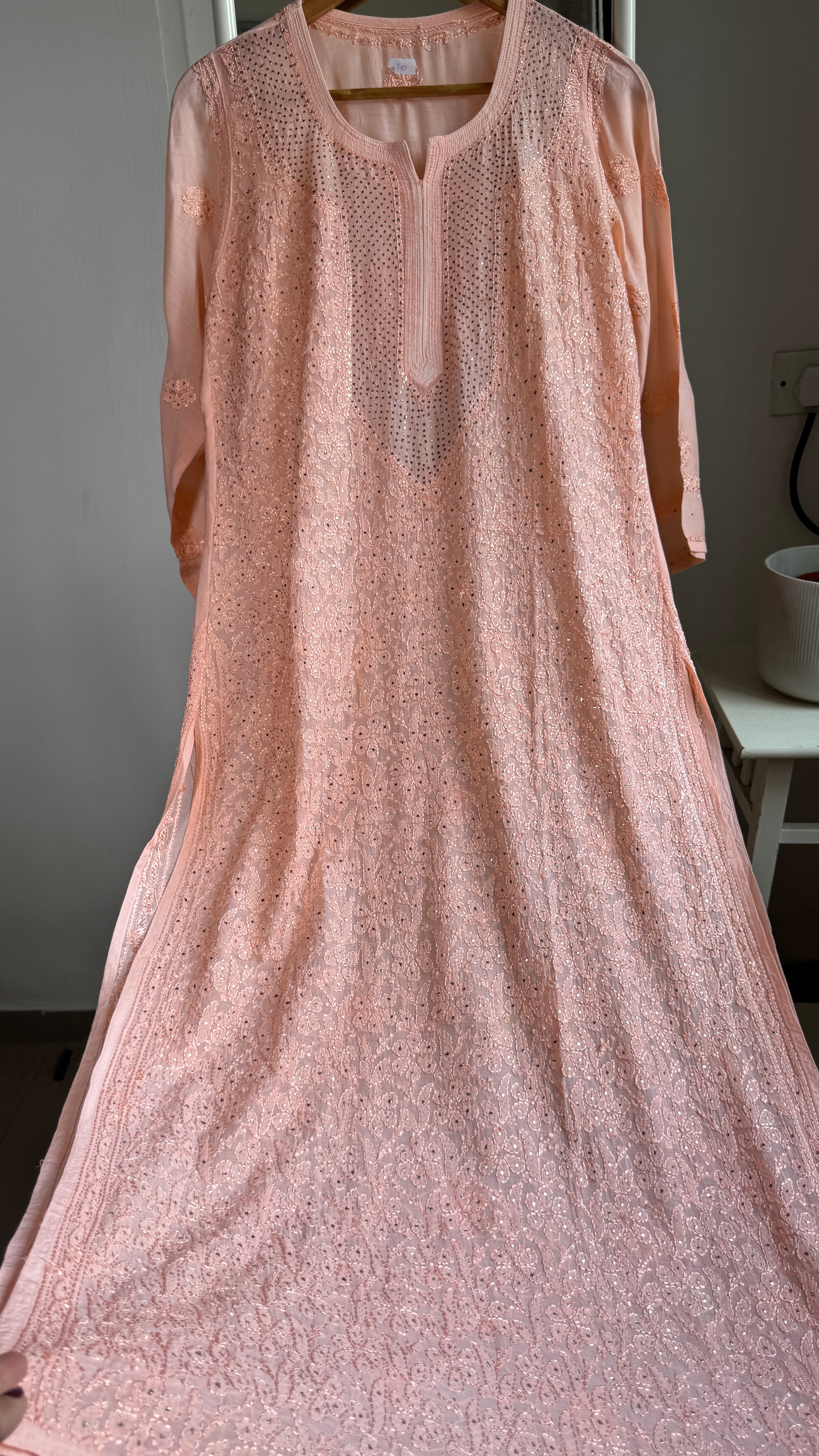 Muslin Chikankari Full Jaal Kurti with Mukaish work - Peach - Aayat Collection