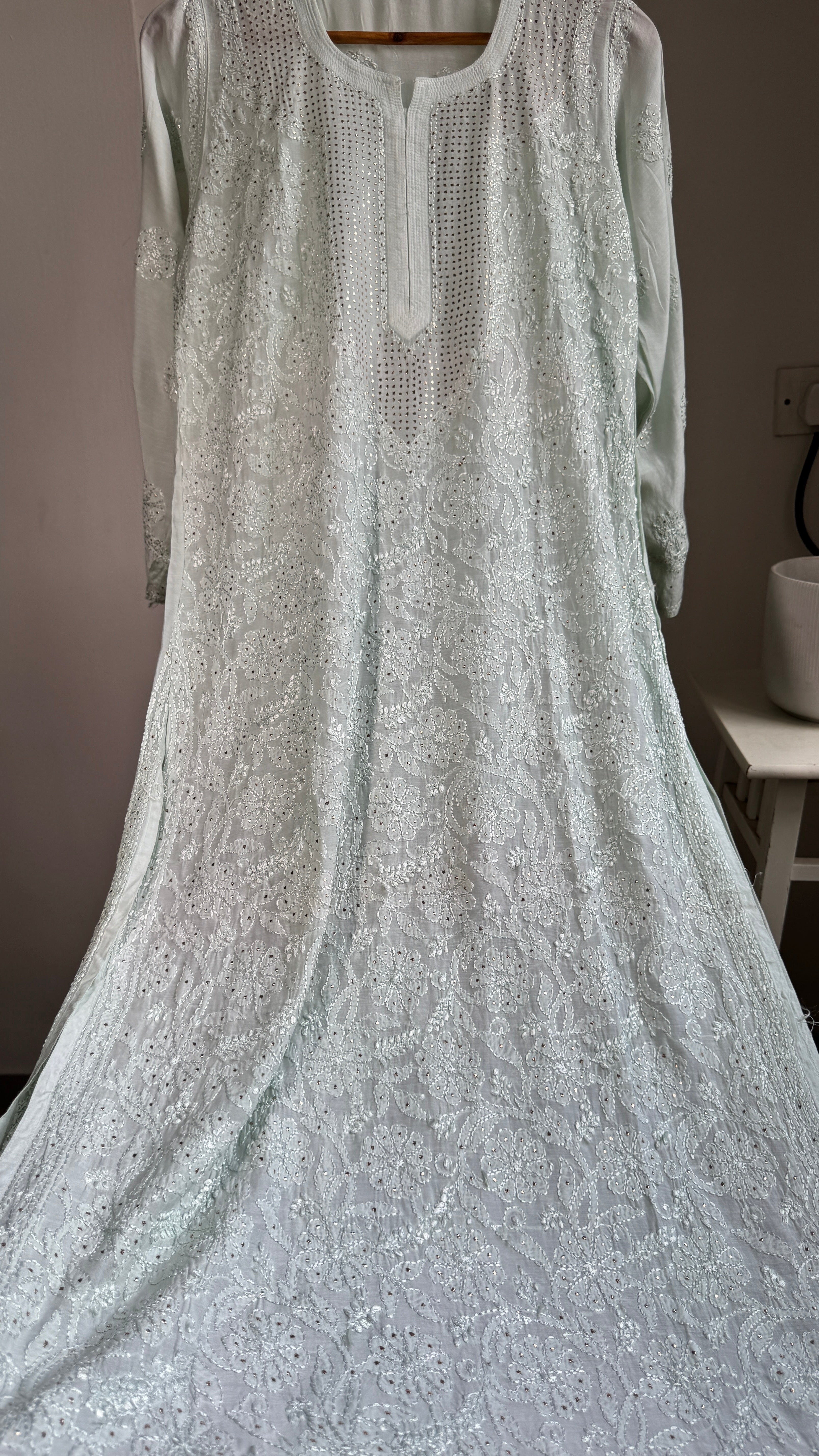 Muslin Chikankari Full Jaal Kurti with Mukaish work - Pistachio Green - Aayat Collection