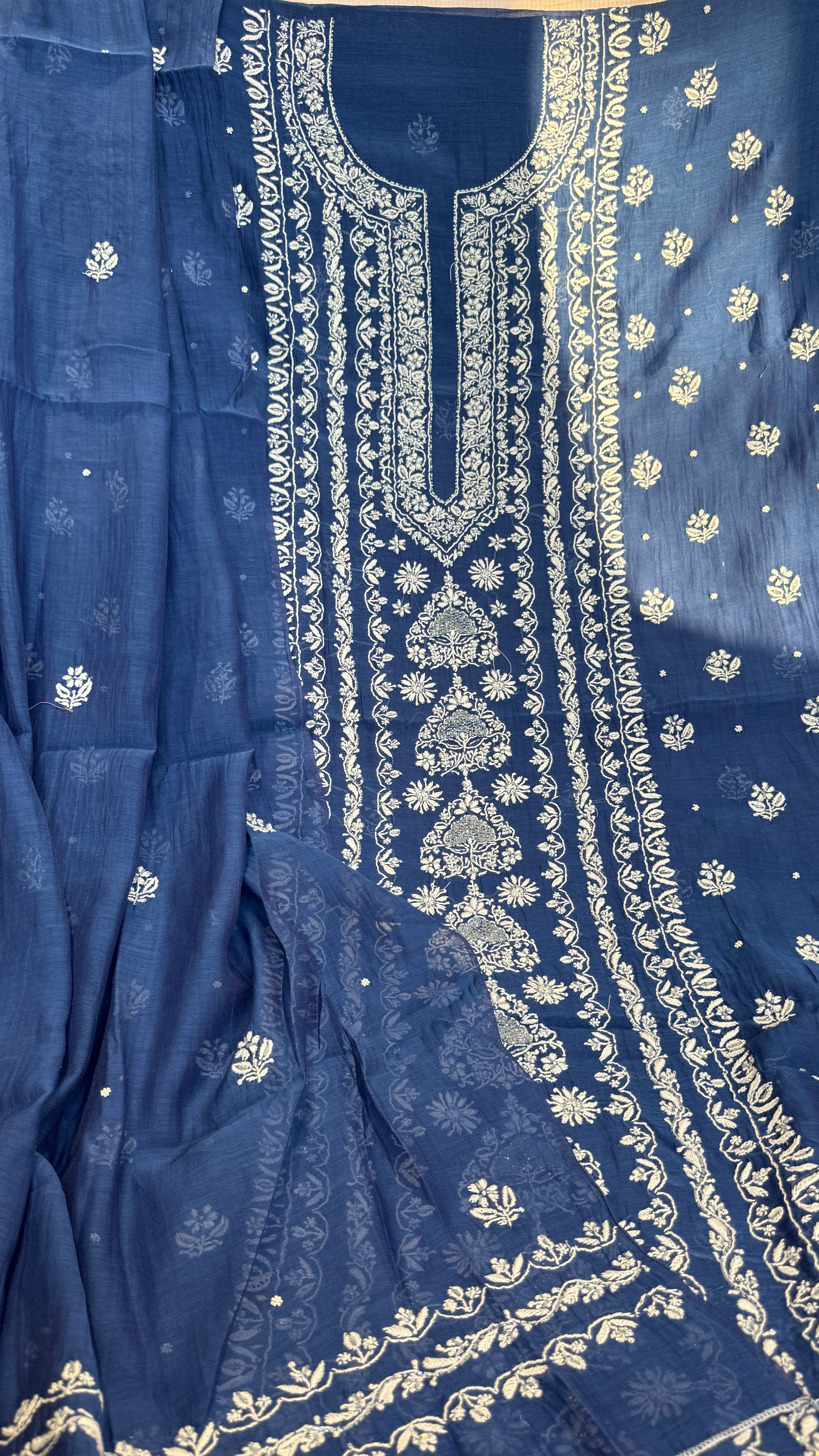 Mul Chanderi Chikankari - Heavy Unstitched Set - Navy Blue