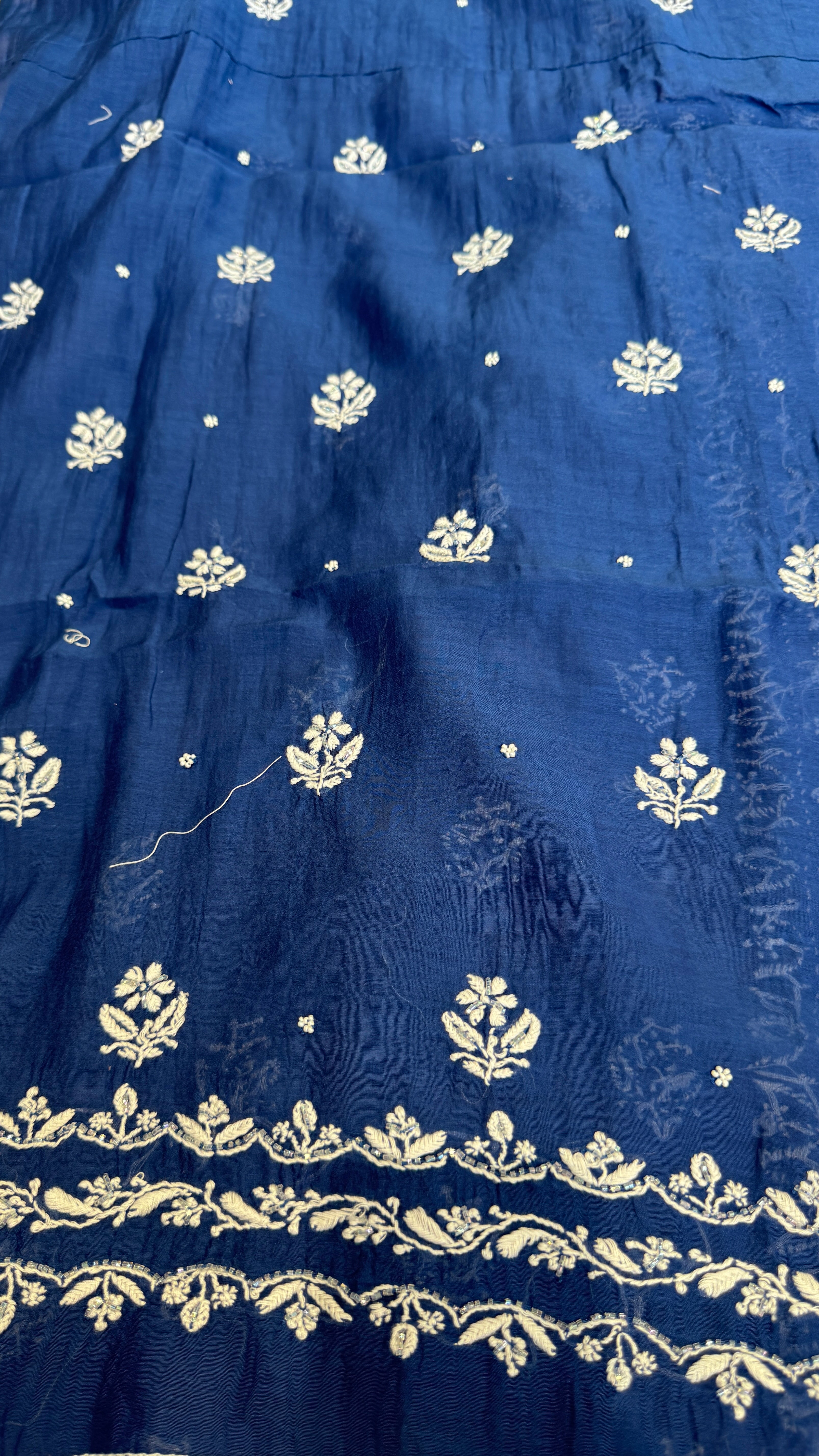 Mul Chanderi Chikankari - Heavy Unstitched Set - Navy Blue