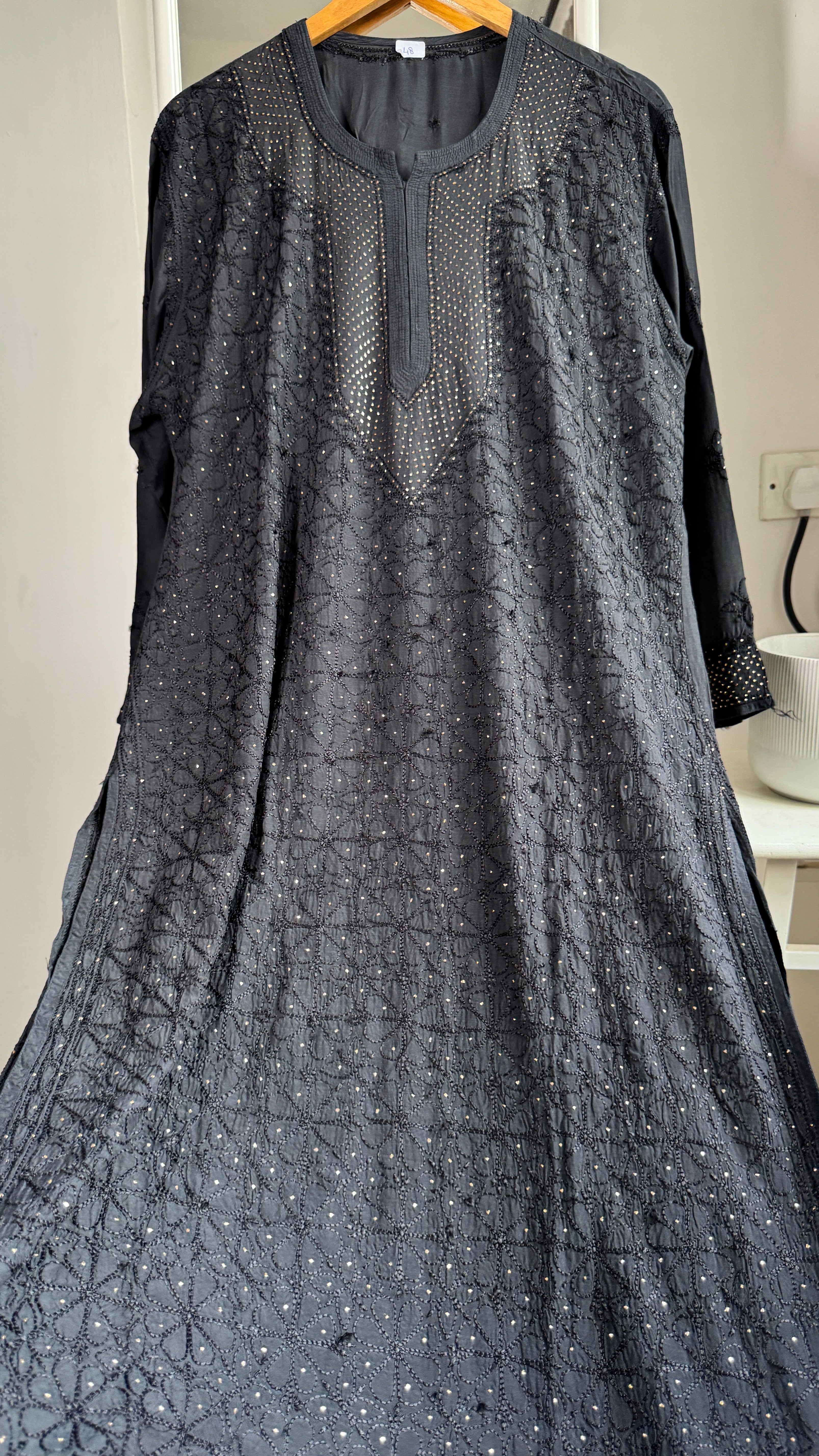 Muslin Chikankari Full Jaal Kurti with Mukaish work - Black