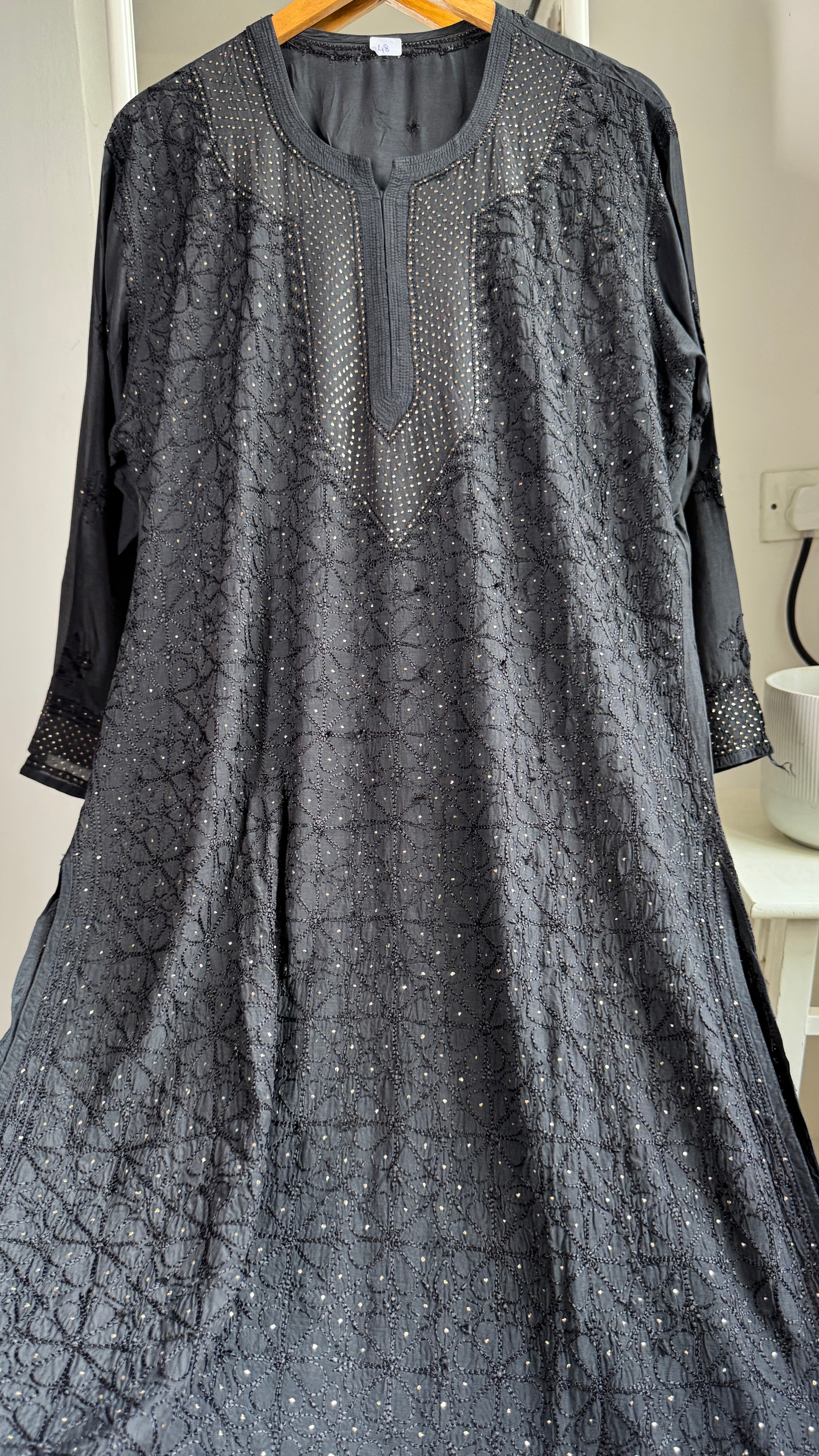 Muslin Chikankari Full Jaal Kurti with Mukaish work - Black