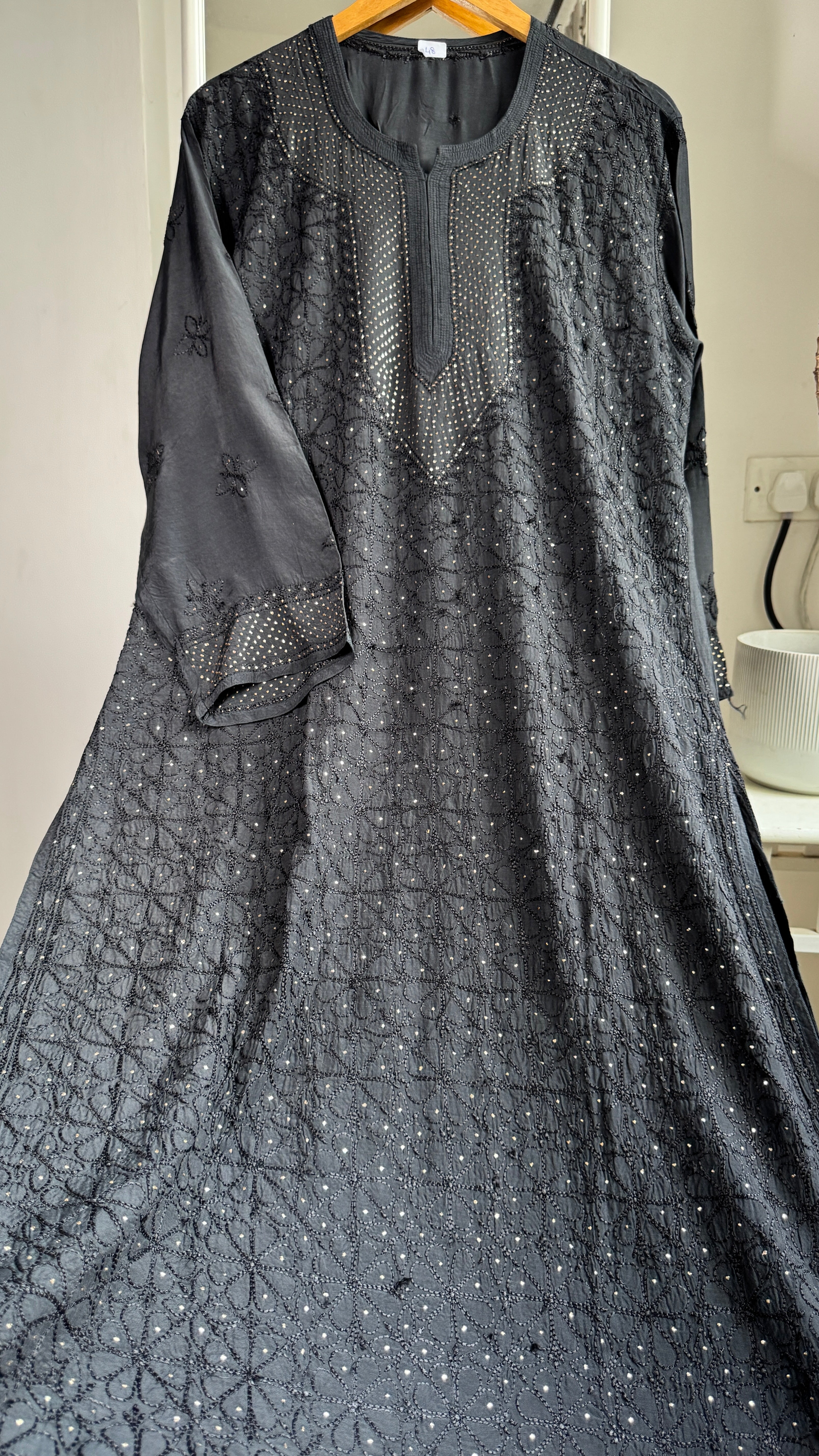 Muslin Chikankari Full Jaal Kurti with Mukaish work - Black