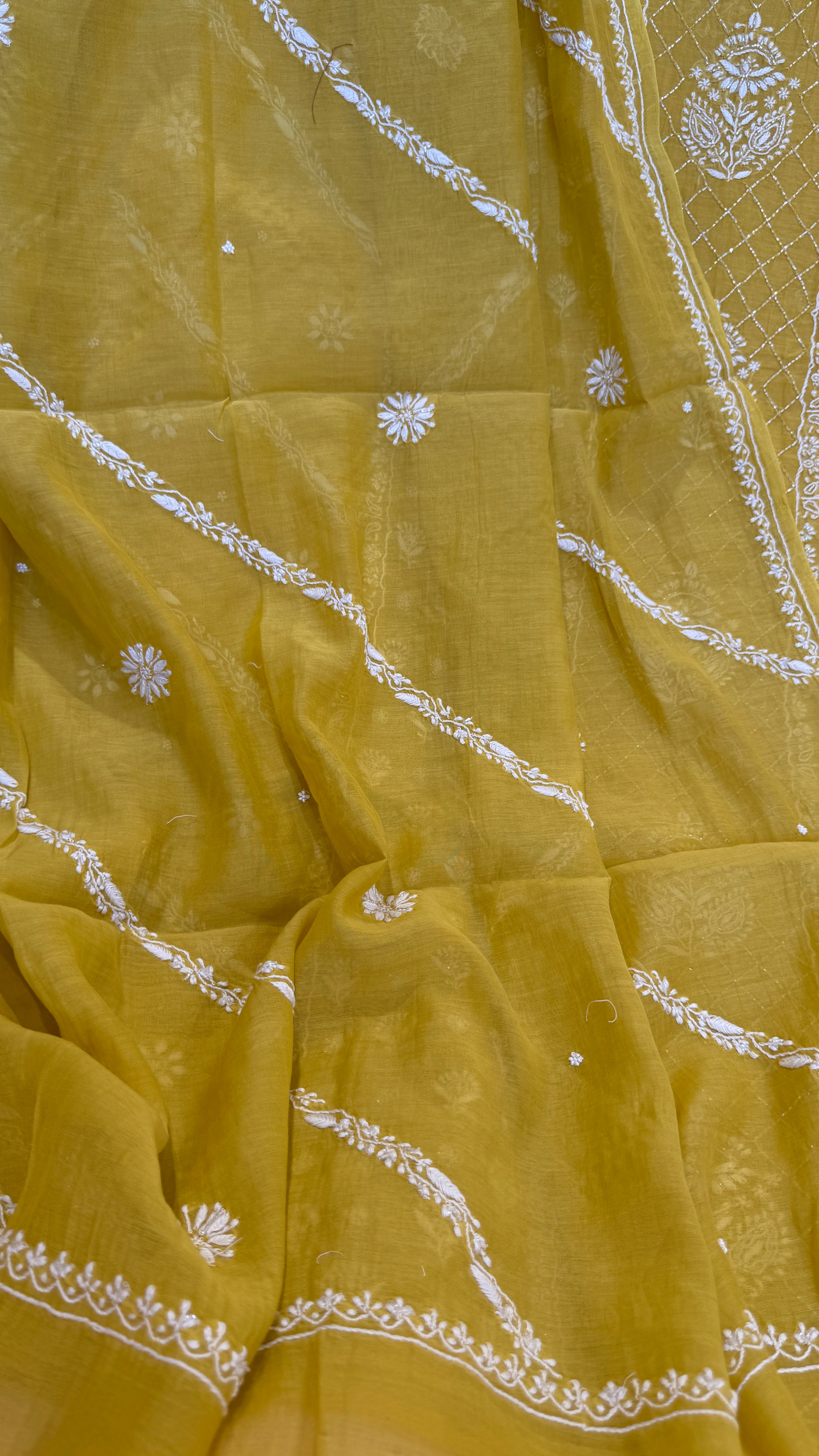 Mul Chanderi Chikankari - Heavy Unstitched Set -Yellow