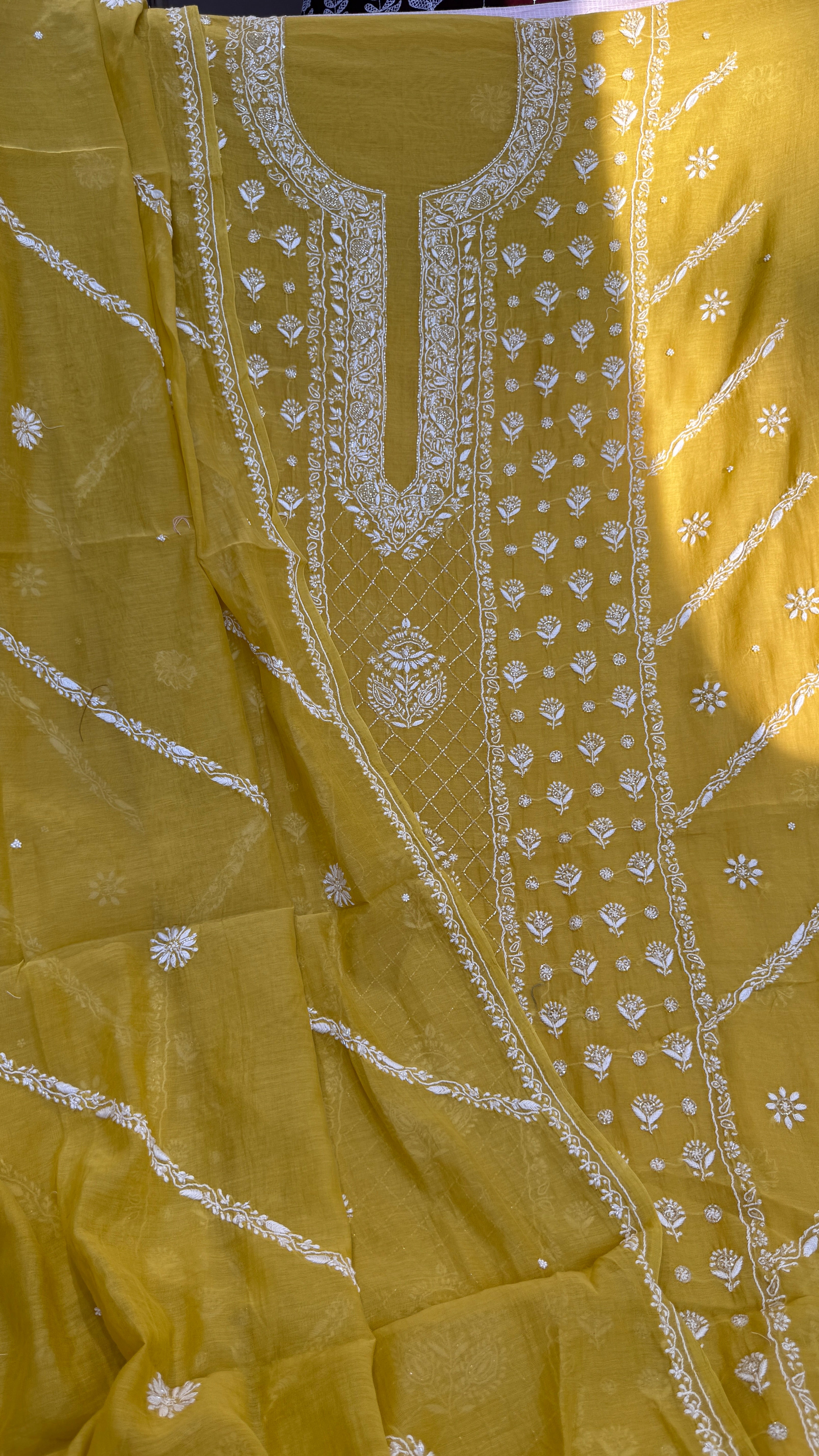Mul Chanderi Chikankari - Heavy Unstitched Set -Yellow