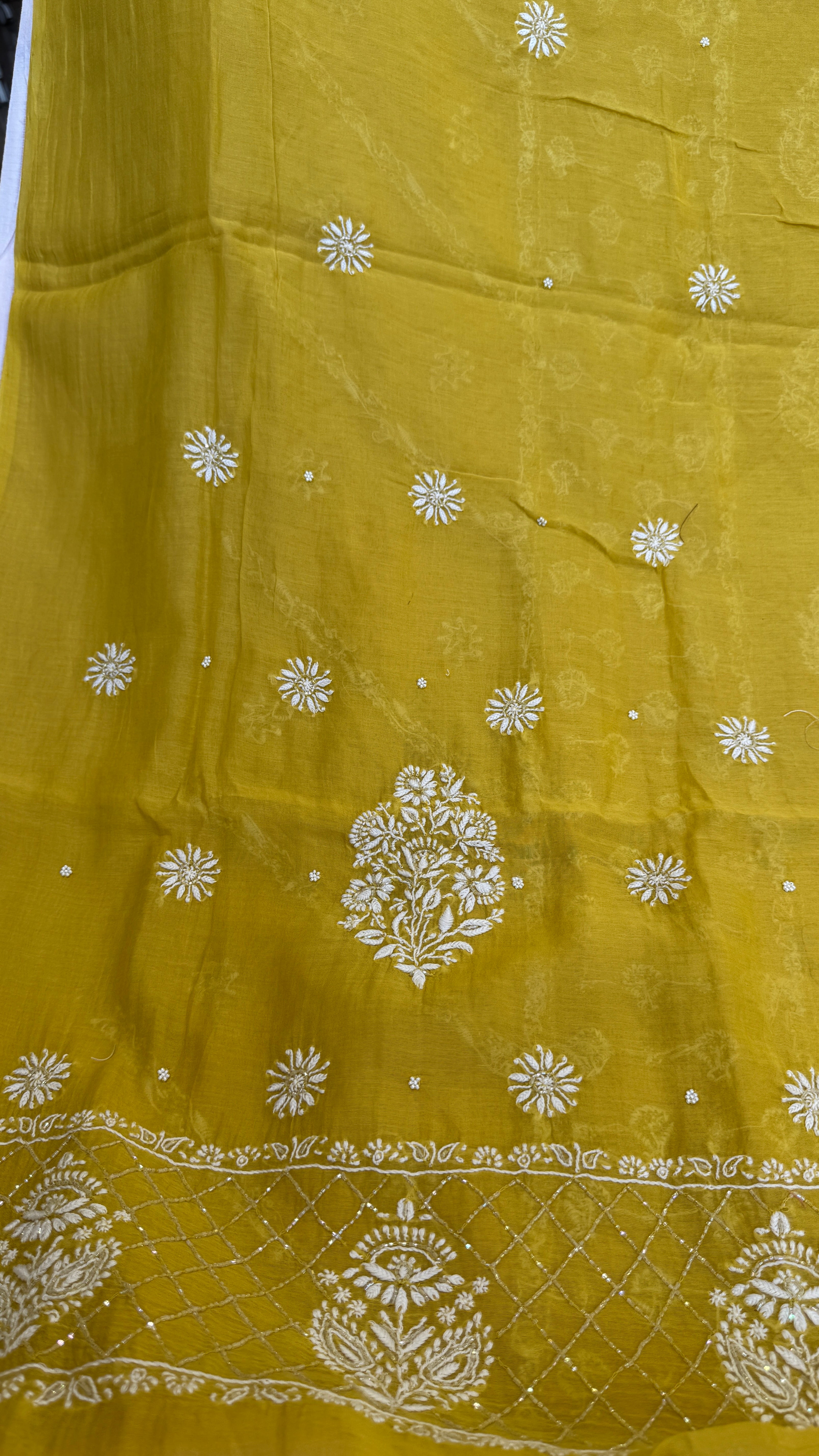 Mul Chanderi Chikankari - Heavy Unstitched Set -Yellow