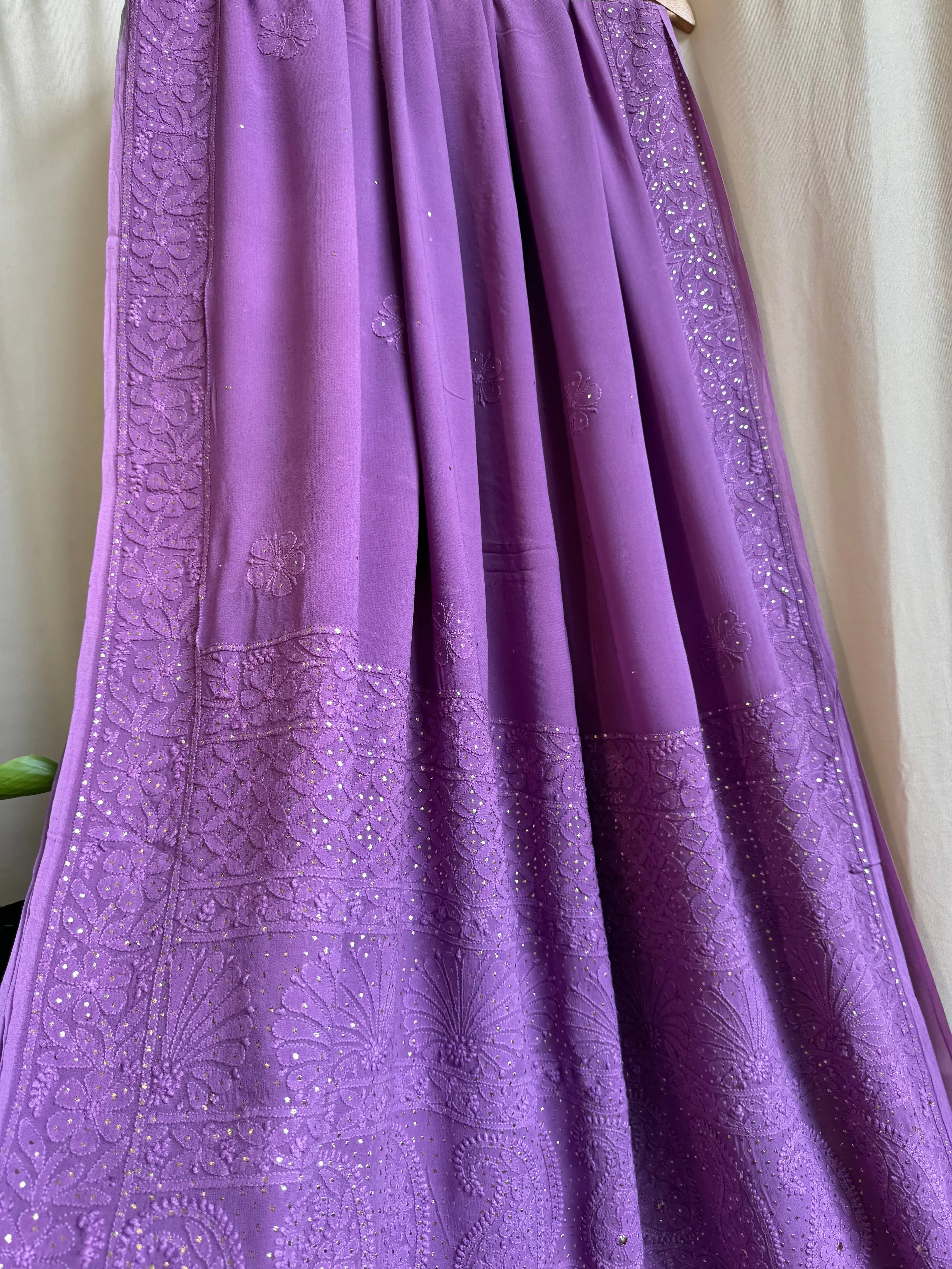 Viscose Deep Lilac Chikankari saree with Mukaish Work - ARIAA CHIKANKARI