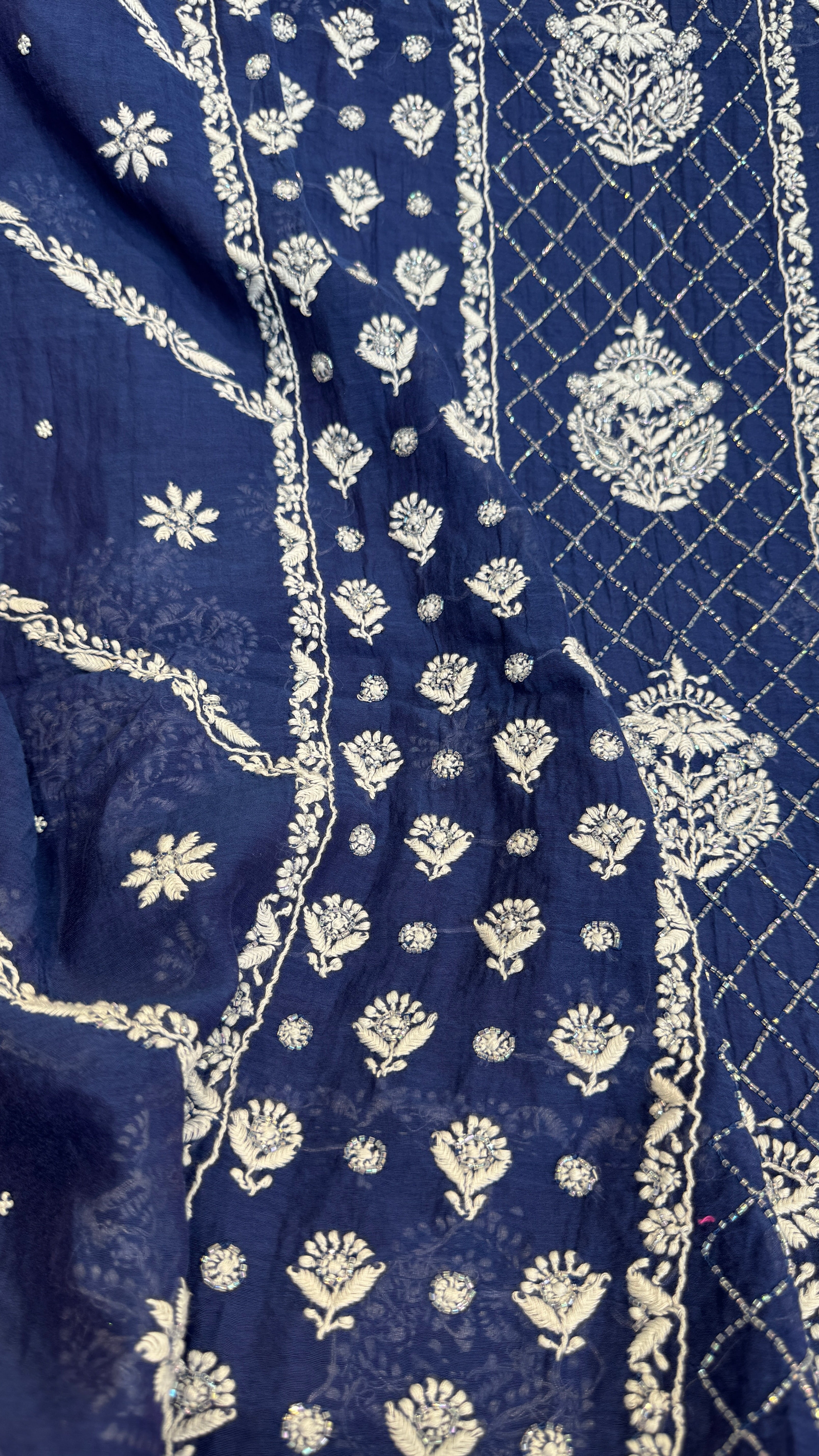Mul Chanderi Chikankari - Heavy Unstitched Set - Navy Blue