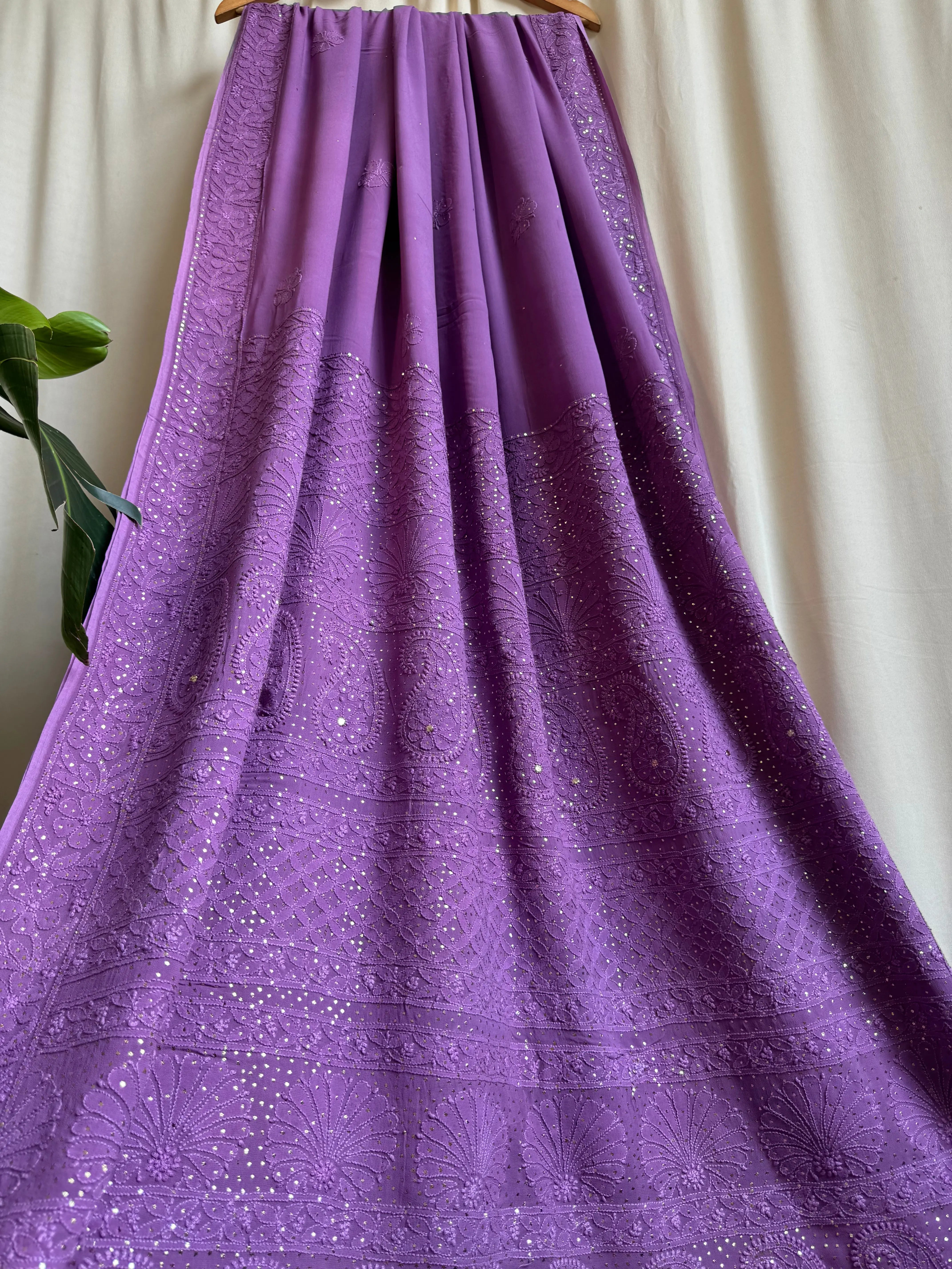 Viscose Deep Lilac Chikankari saree with Mukaish Work - ARIAA CHIKANKARI