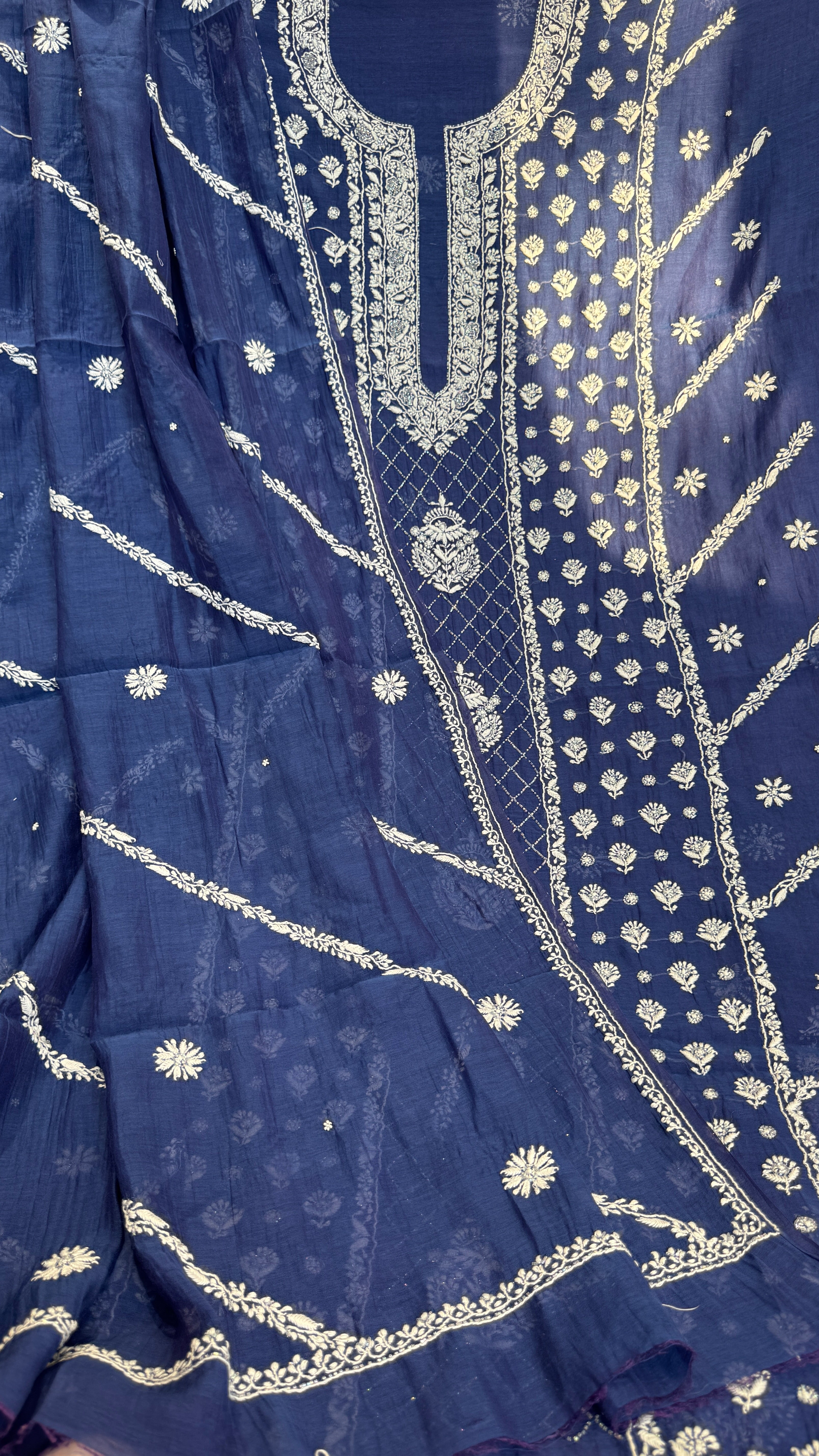 Mul Chanderi Chikankari - Heavy Unstitched Set - Navy Blue