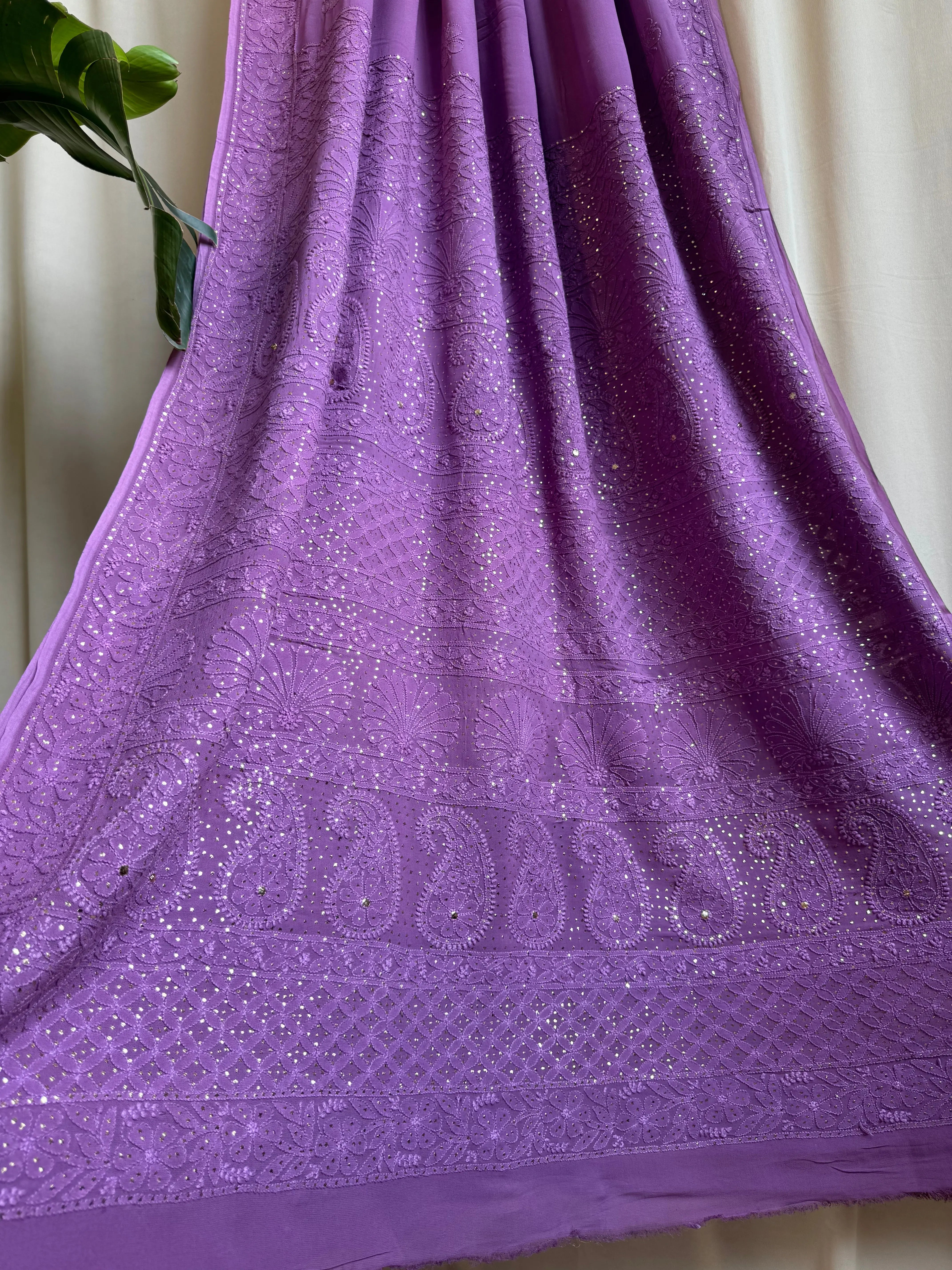 Viscose Deep Lilac Chikankari saree with Mukaish Work - ARIAA CHIKANKARI