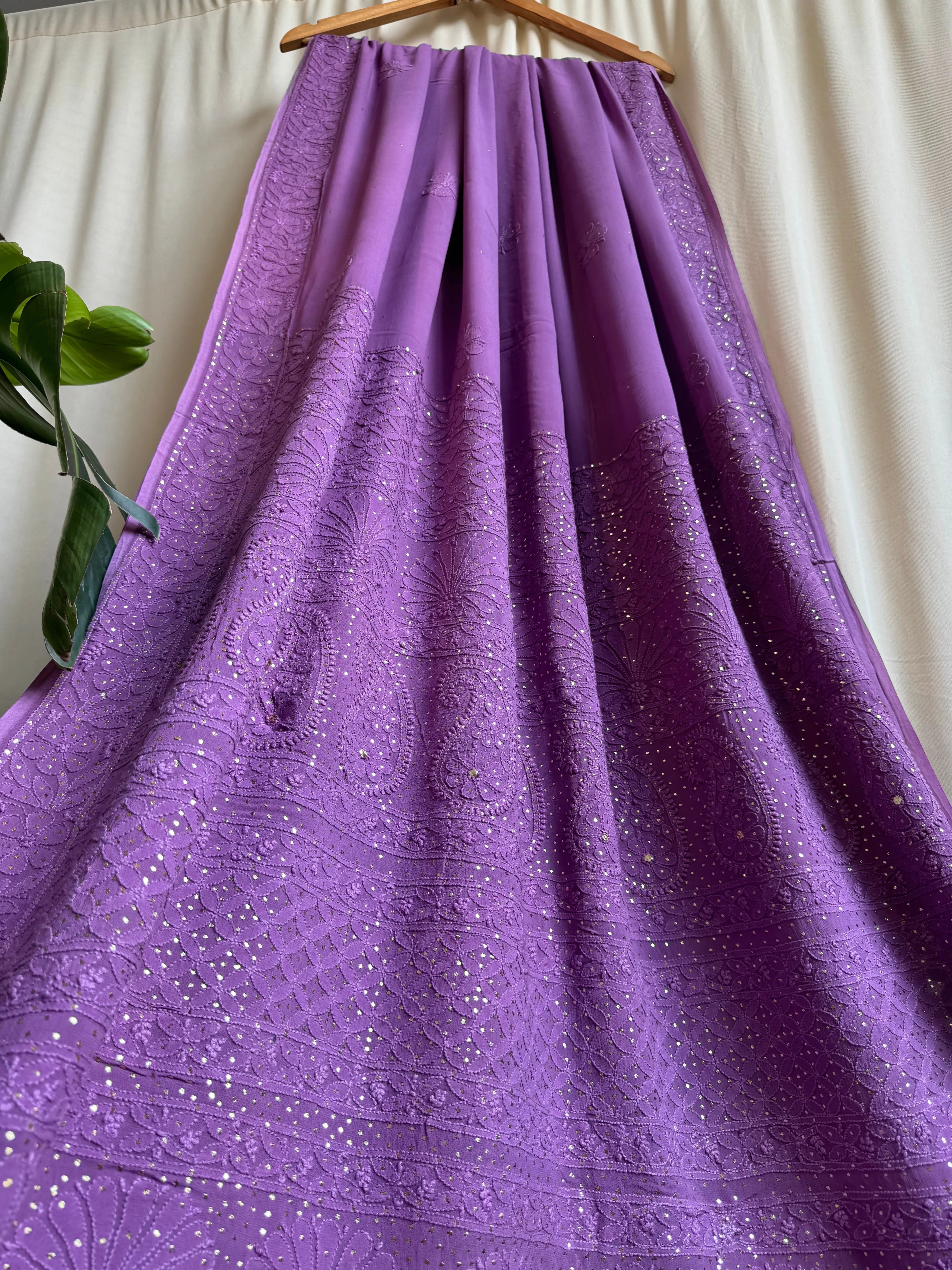 Viscose Deep Lilac Chikankari saree with Mukaish Work - ARIAA CHIKANKARI