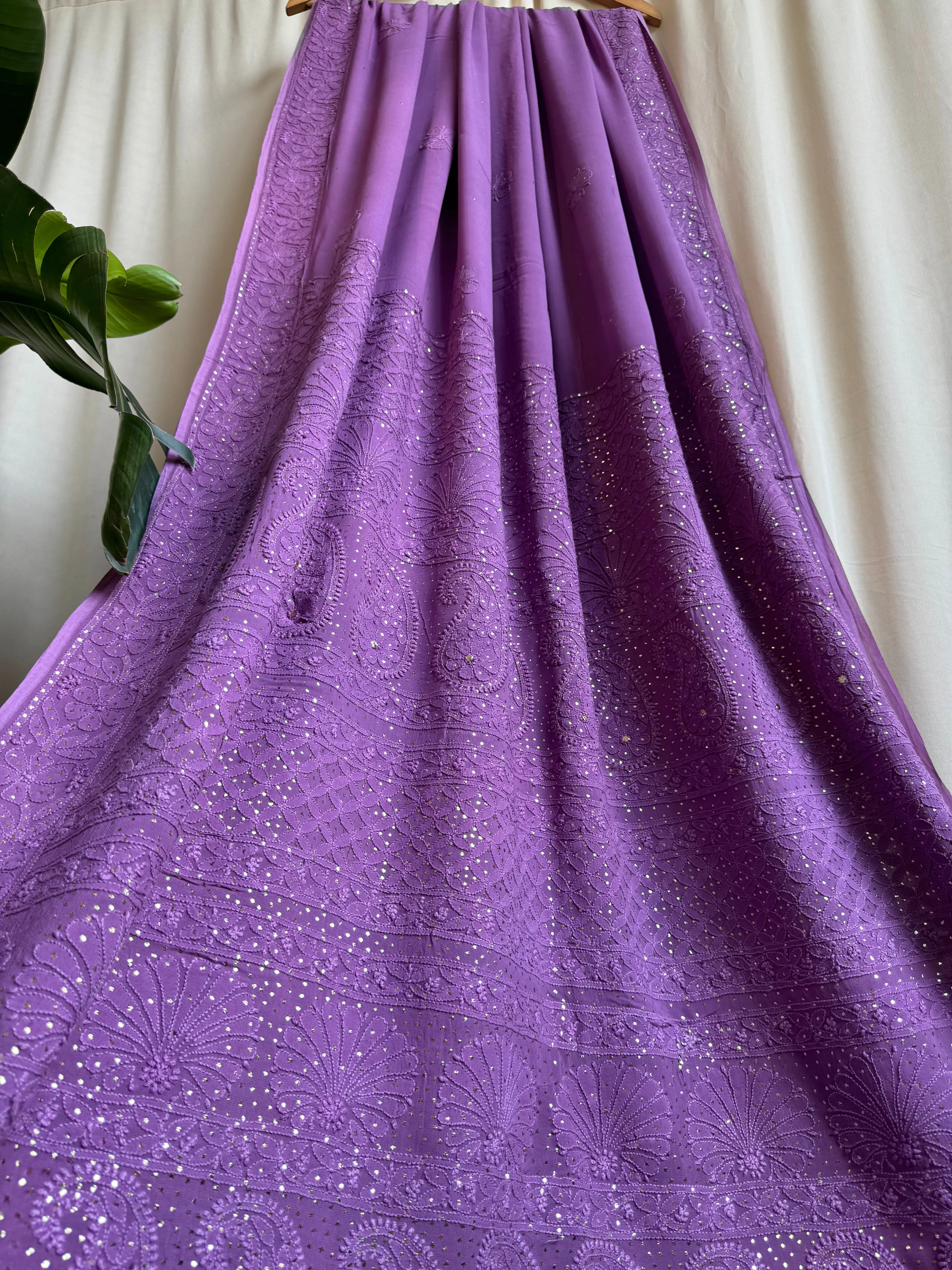 Viscose Deep Lilac Chikankari saree with Mukaish Work - ARIAA CHIKANKARI