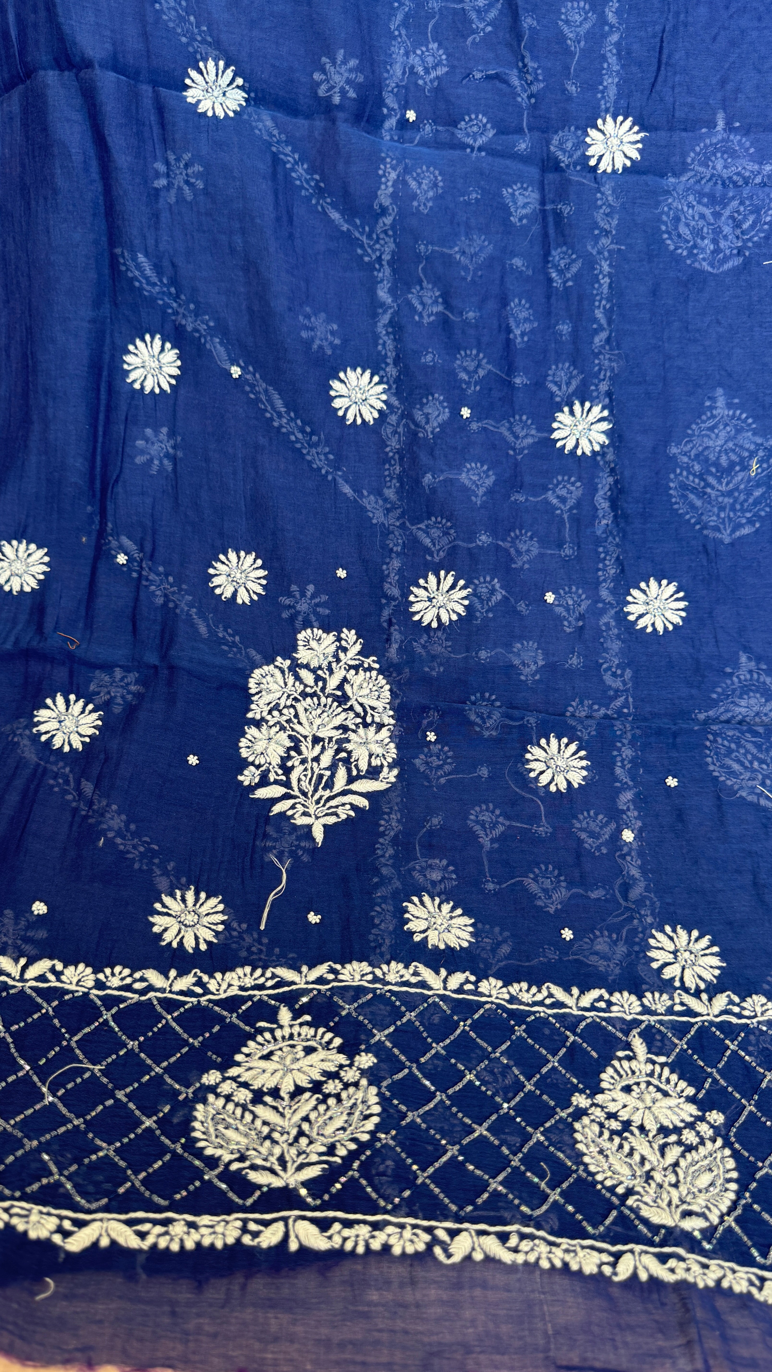 Mul Chanderi Chikankari - Heavy Unstitched Set - Navy Blue